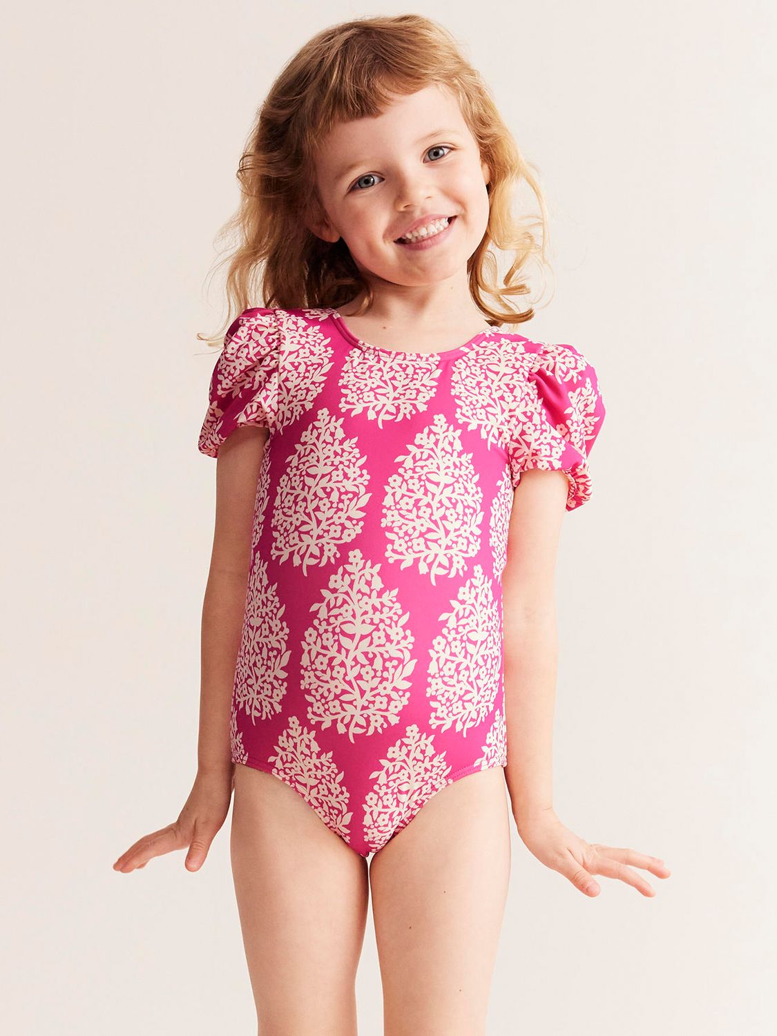 Mini Boden Kids' Floral Print Puff Sleeve Swimsuit, Pink, 2-3 years