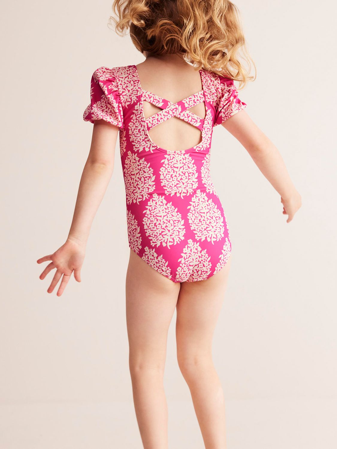 Buy Mini Boden Kids' Floral Print Puff Sleeve Swimsuit, Pink Online at johnlewis.com