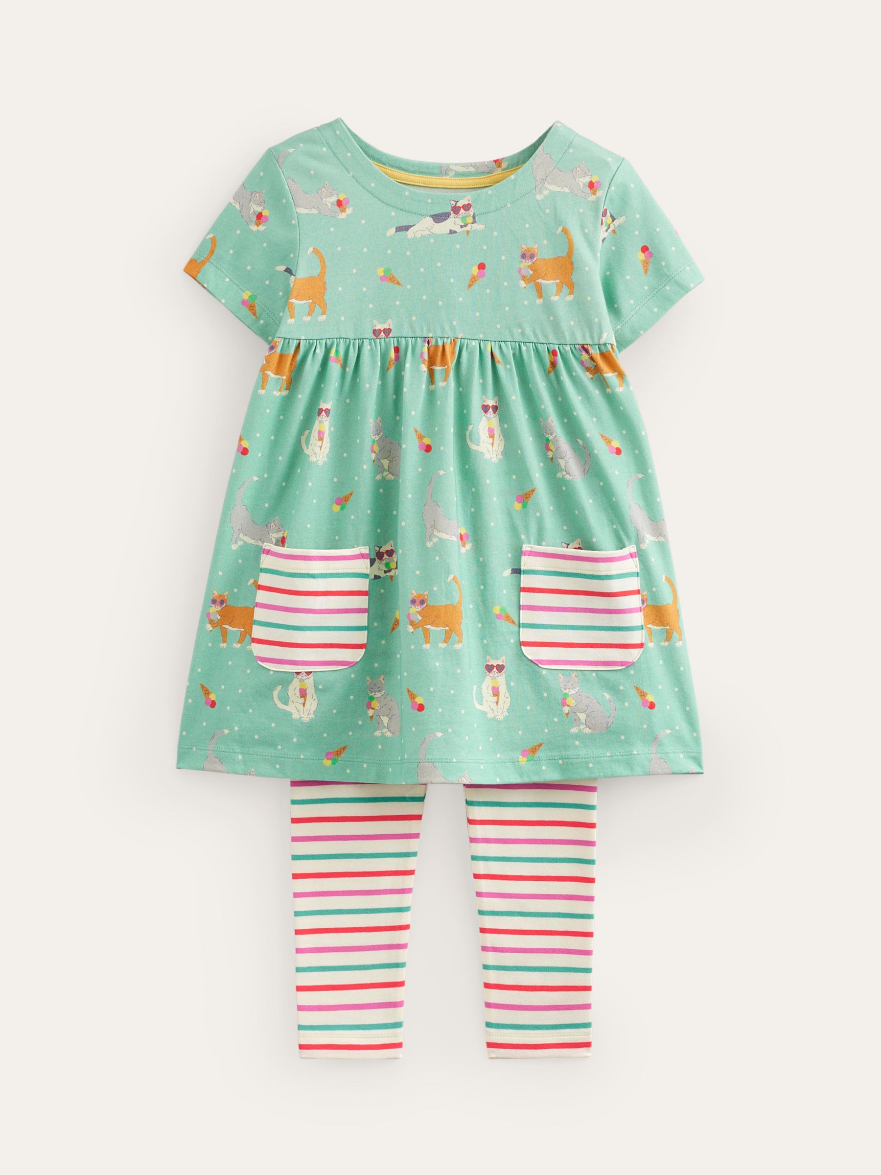 Mini Boden Kids' Cats Tunic and Leggings Set, Blue Holiday, 12-18 months