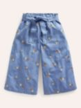 Mini Boden Kids' Vintage Floral Embroidered Wide Leg Trousers, Blue/Multi