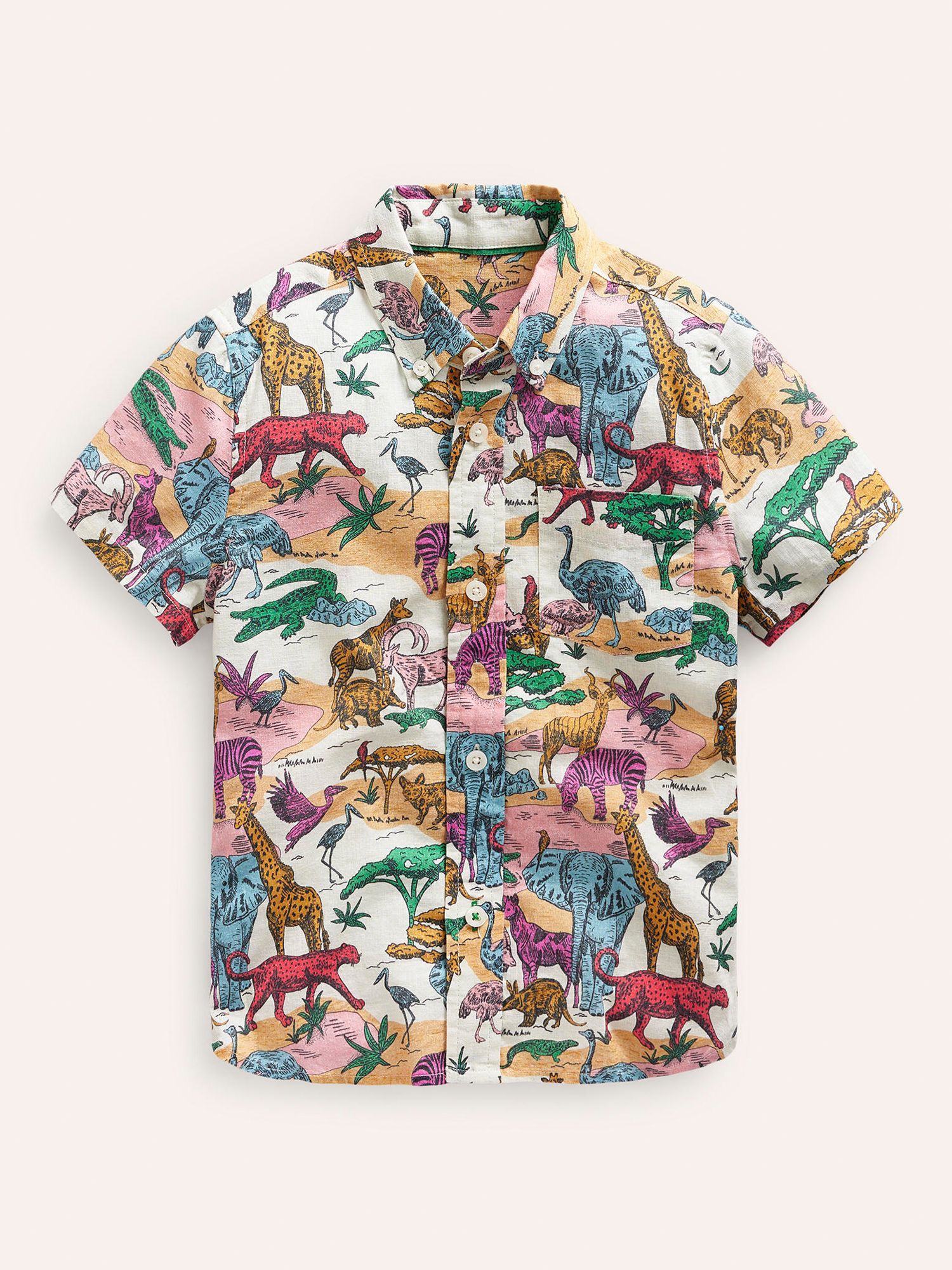 Mini Boden Kids' Cotton Linen Blend Shirt, Multi Savannah Scene, 2-3 years