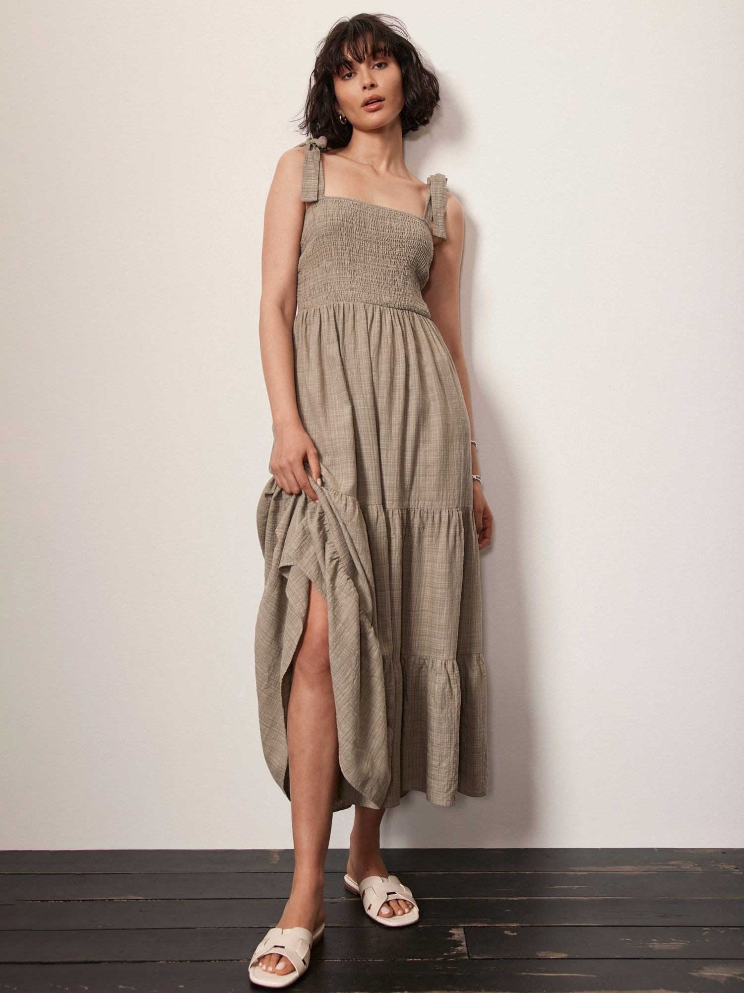 Mint Velvet Textured Tiered Maxi Dress, Khaki, XS