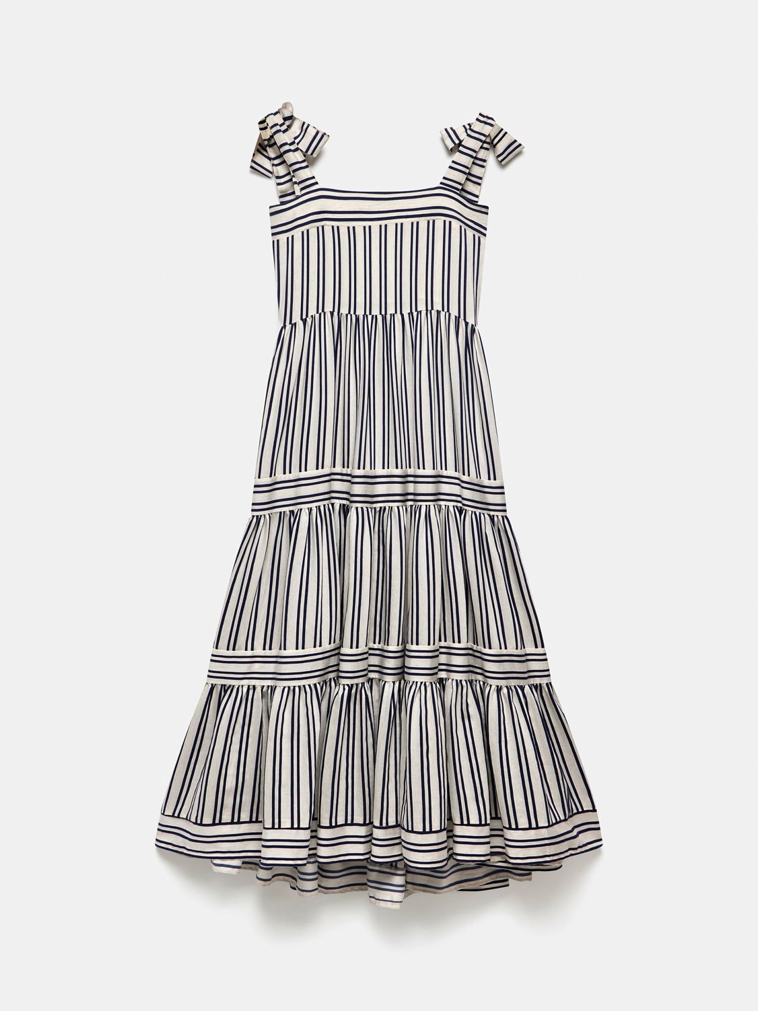 Mint Velvet Stripe Tie Detail Linen Blend Midi Dress, White Ivory, 6