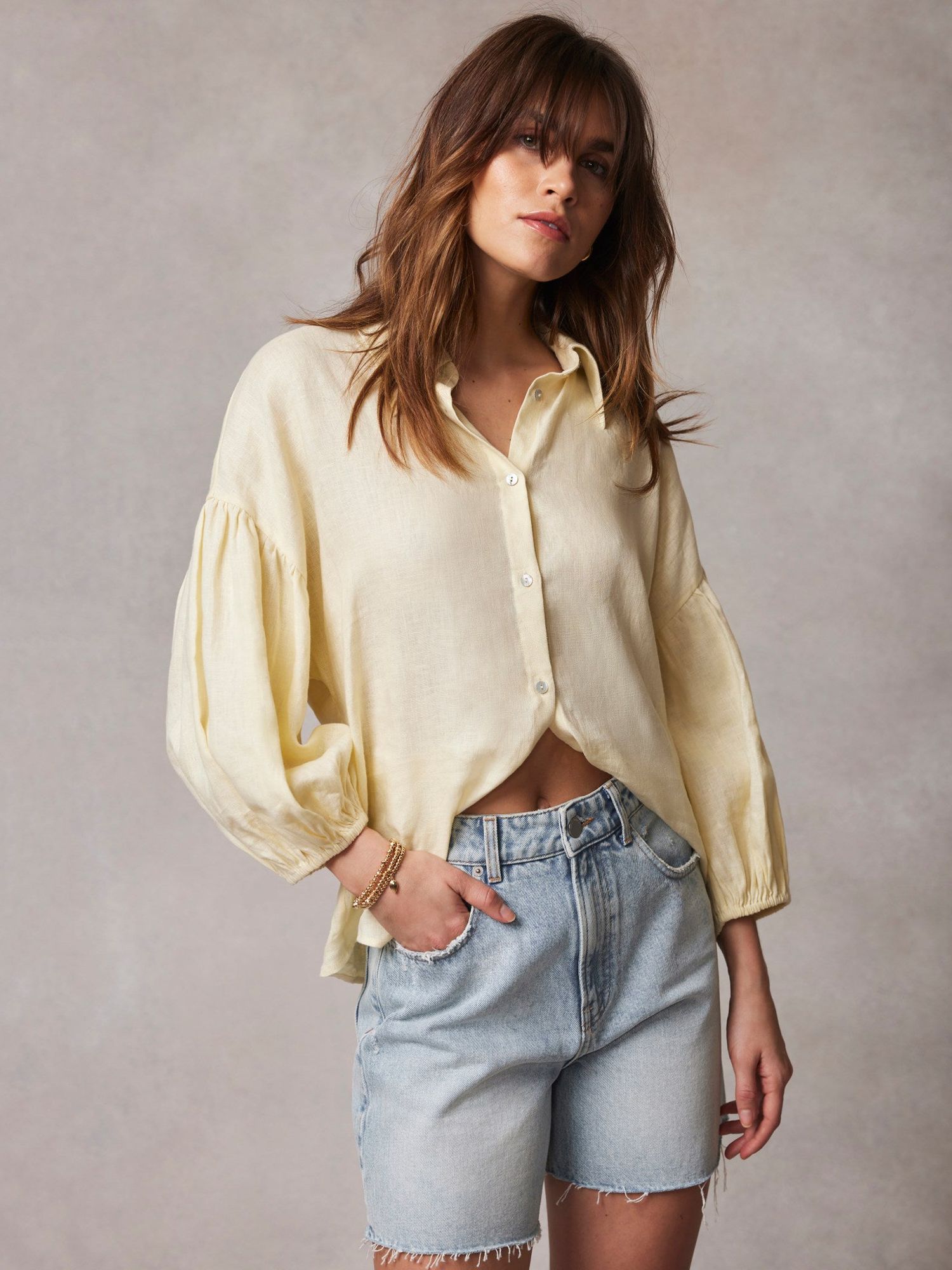 Mint Velvet Puff Sleeve Linen Shirt, Yellow, XS