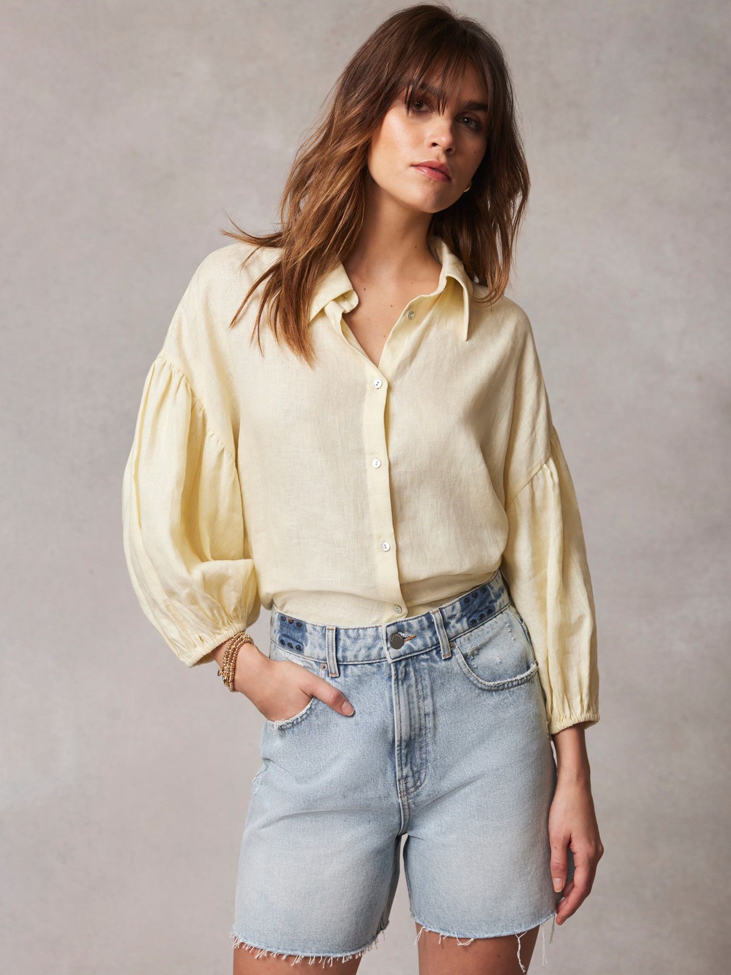 Mint Velvet Puff Sleeve Linen Shirt, Yellow, XS