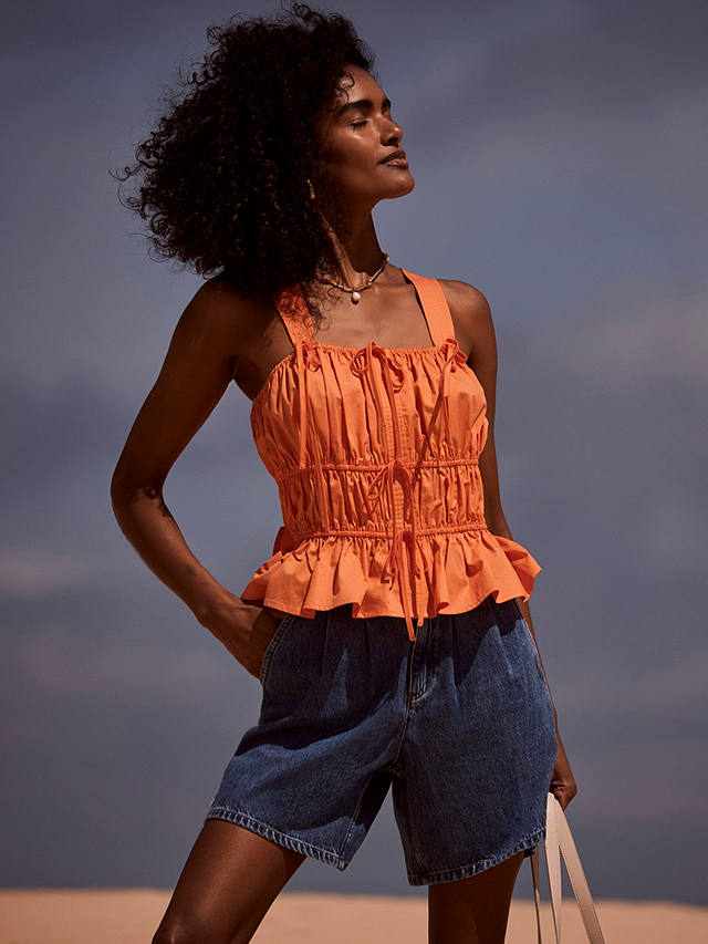 Mint Velvet Cotton Ruched Cami Top, Orange