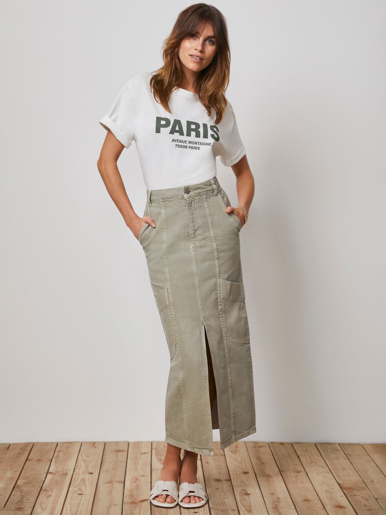 Mint Velvet Cargo Midi Skirt, Green Khaki, 6
