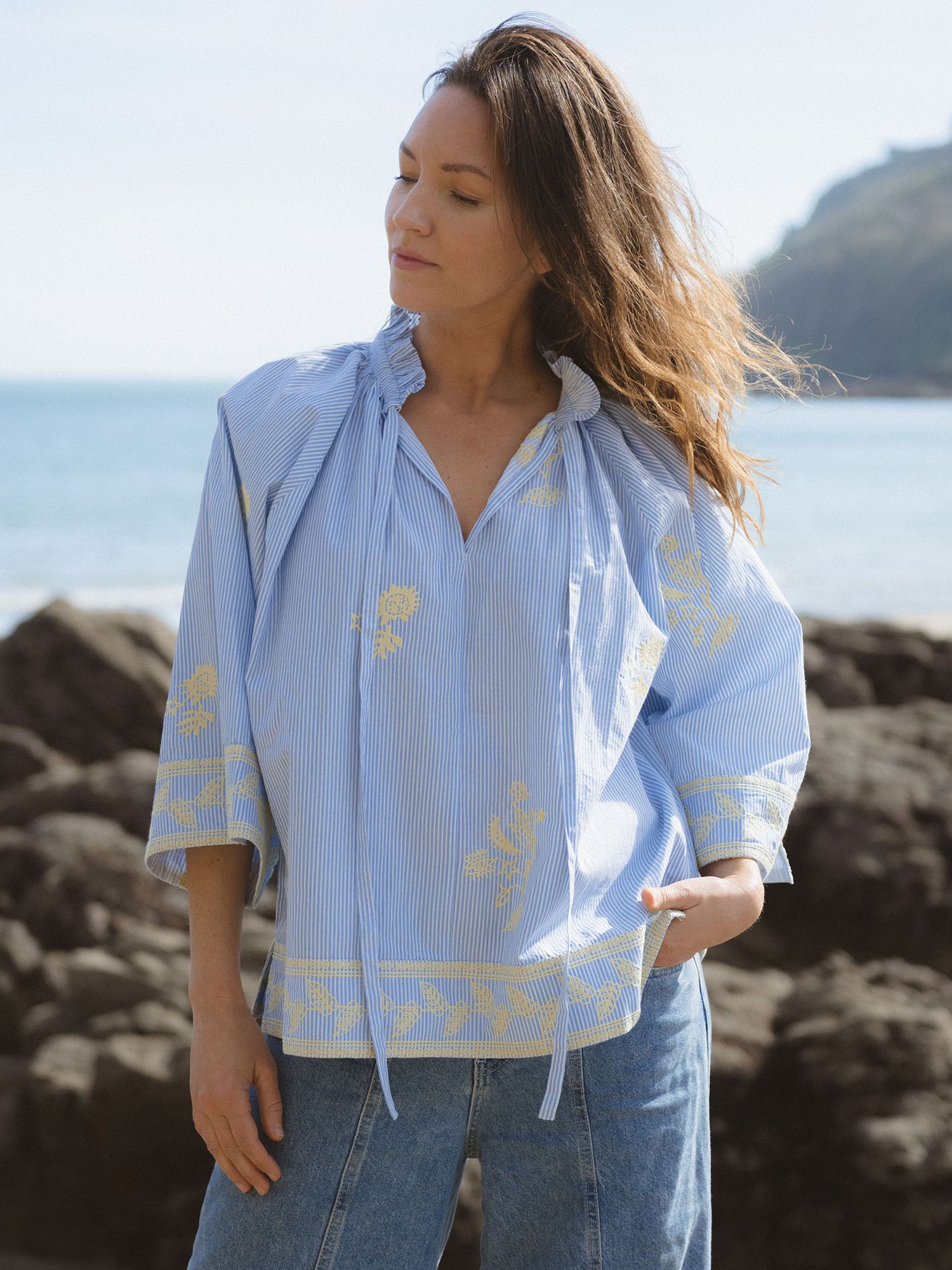 Cape Cove Zodiac Embroidered Blouse, Blue/Lemon