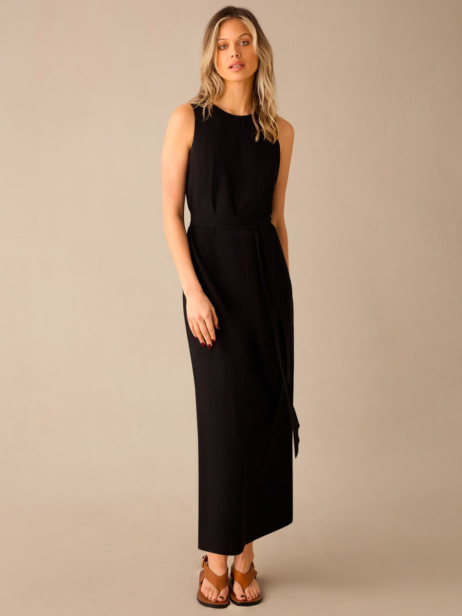 Ro&Zo Linen Blend Tie Waist Column Maxi Dress, Black, 6