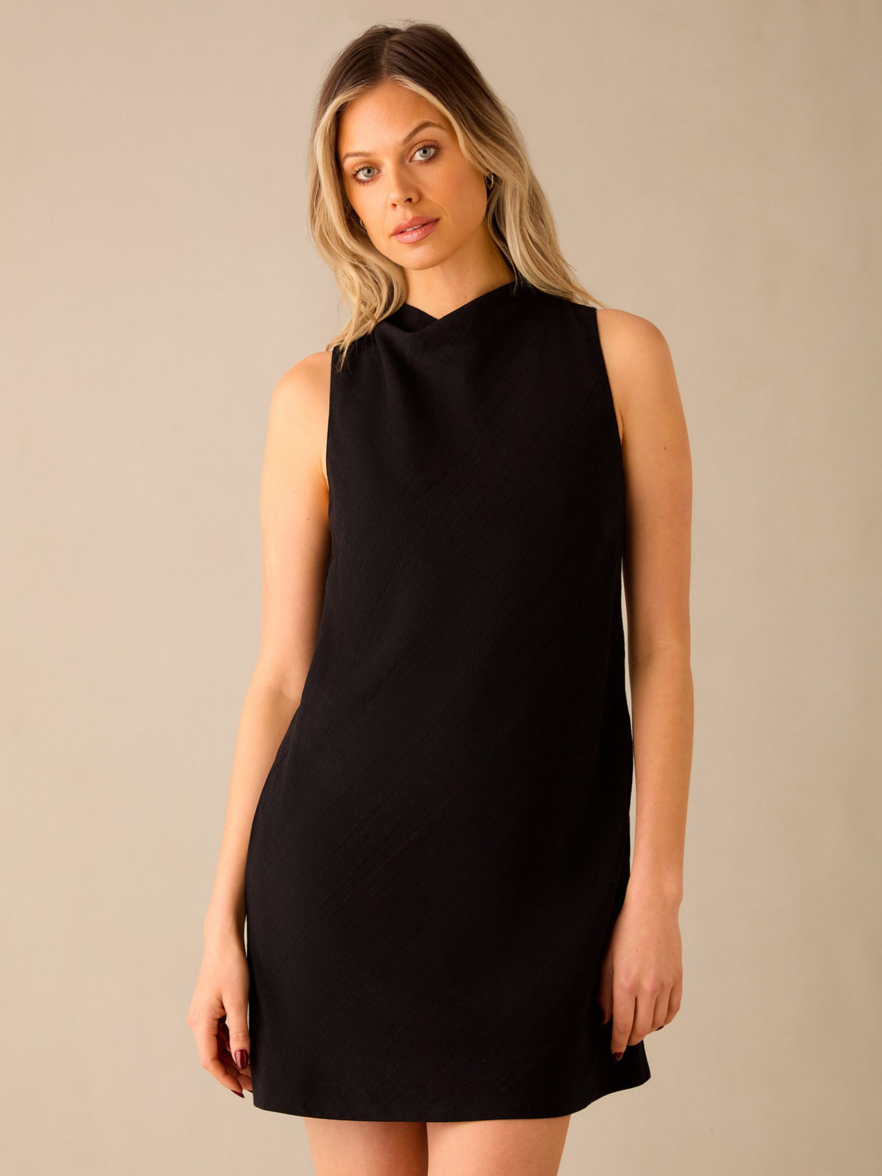 Ro&Zo High Cowl Neck Linen Blend Shift Dress, Black, 6