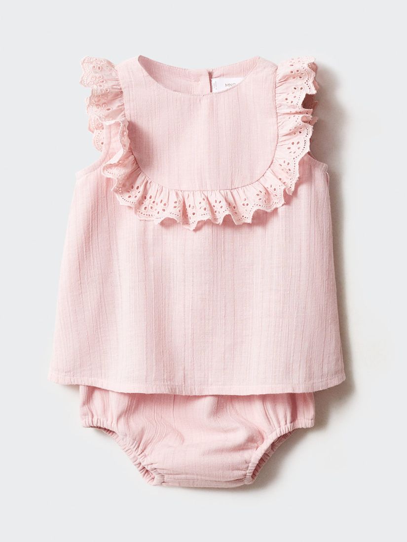 Mango Baby Tulipa Broderie Ruffle Neck Dress & Shorts Set, Pink, 1-3 months