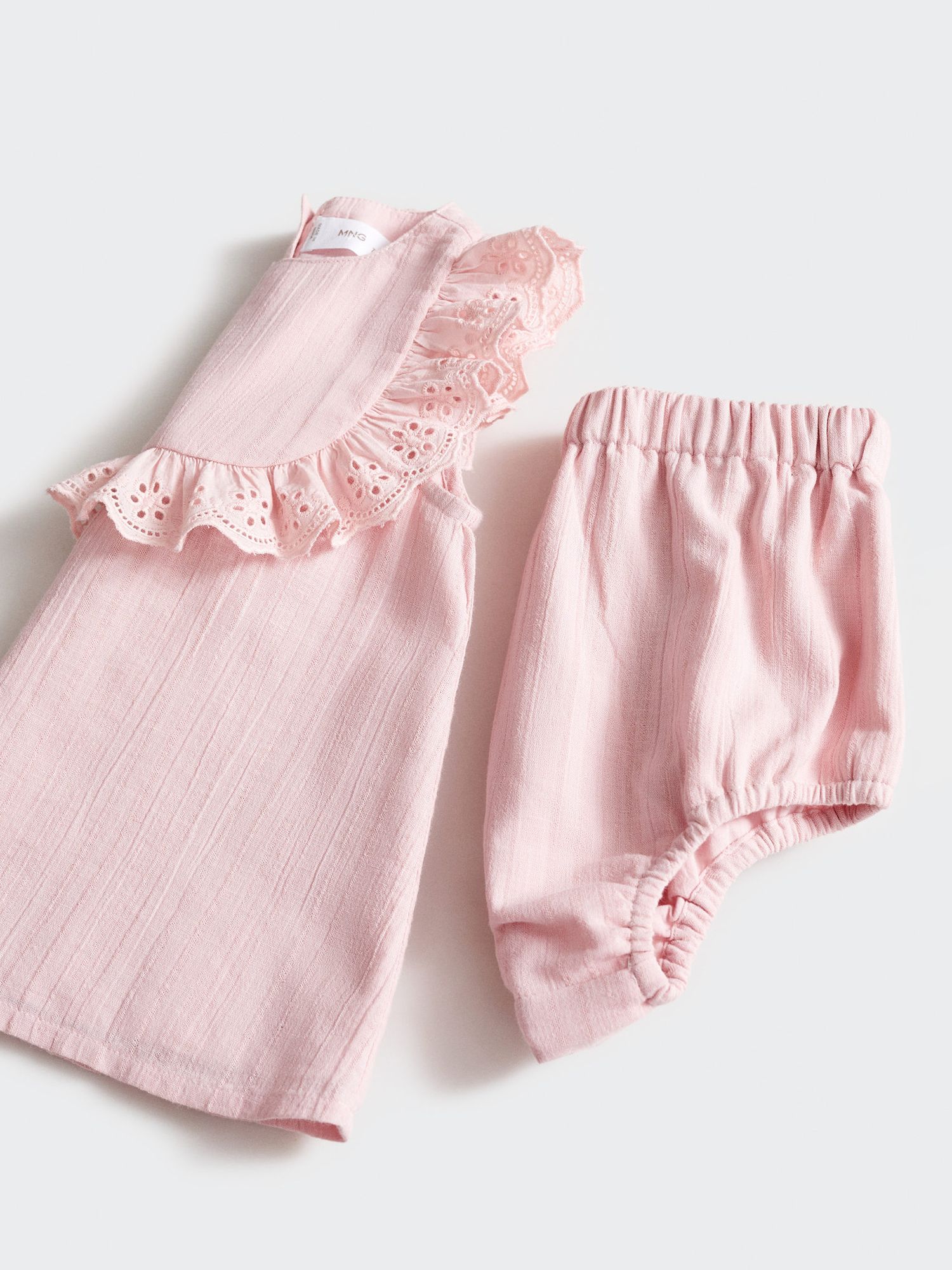 Mango Baby Tulipa Broderie Ruffle Neck Dress & Shorts Set, Pink, 1-3 months