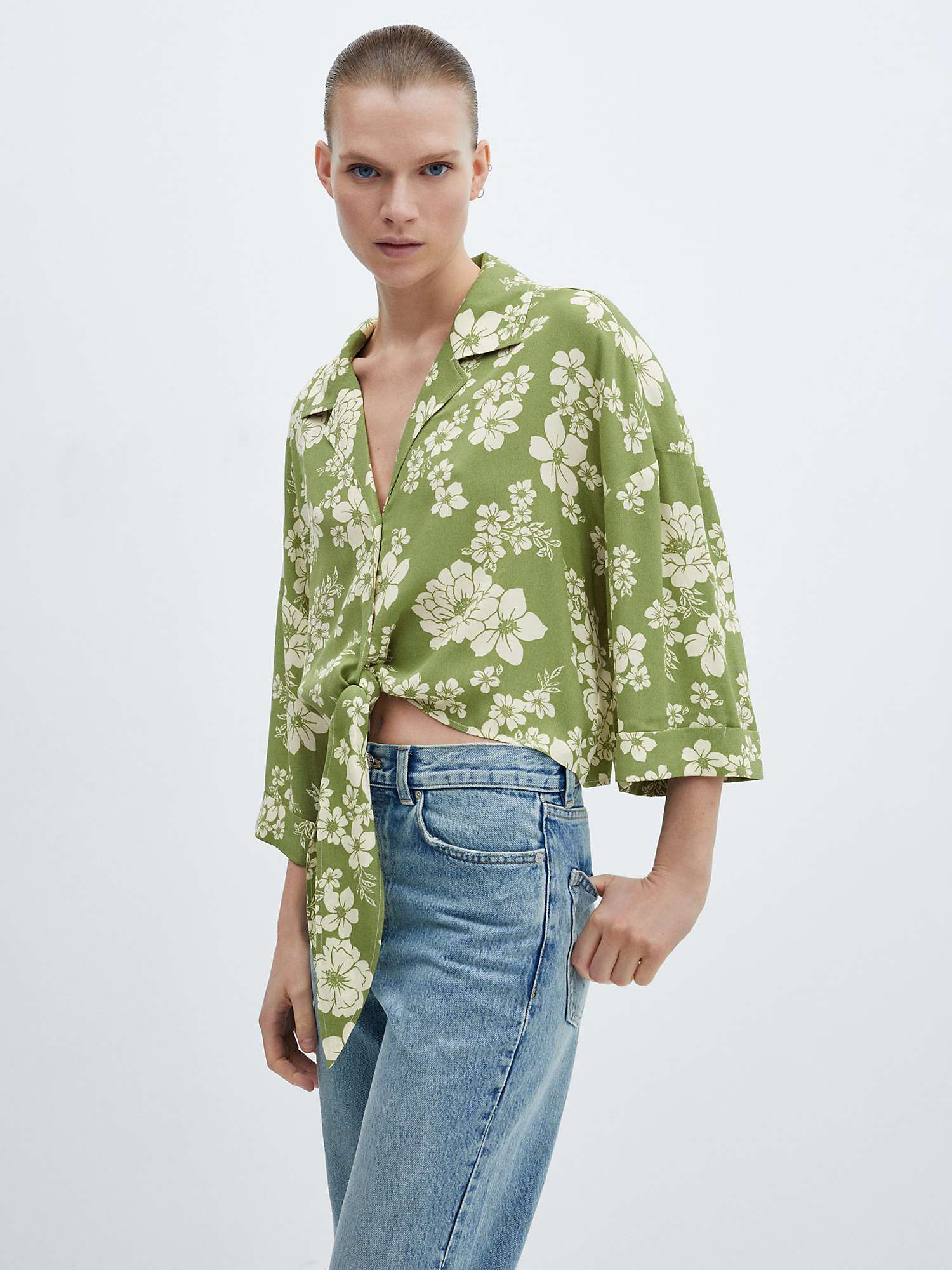 Buy Mango Floral Print Tie Shirt, Green Online at johnlewis.com