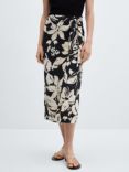 Mango Pareo Floral Wrap Midi Skirt, Black/Ivory