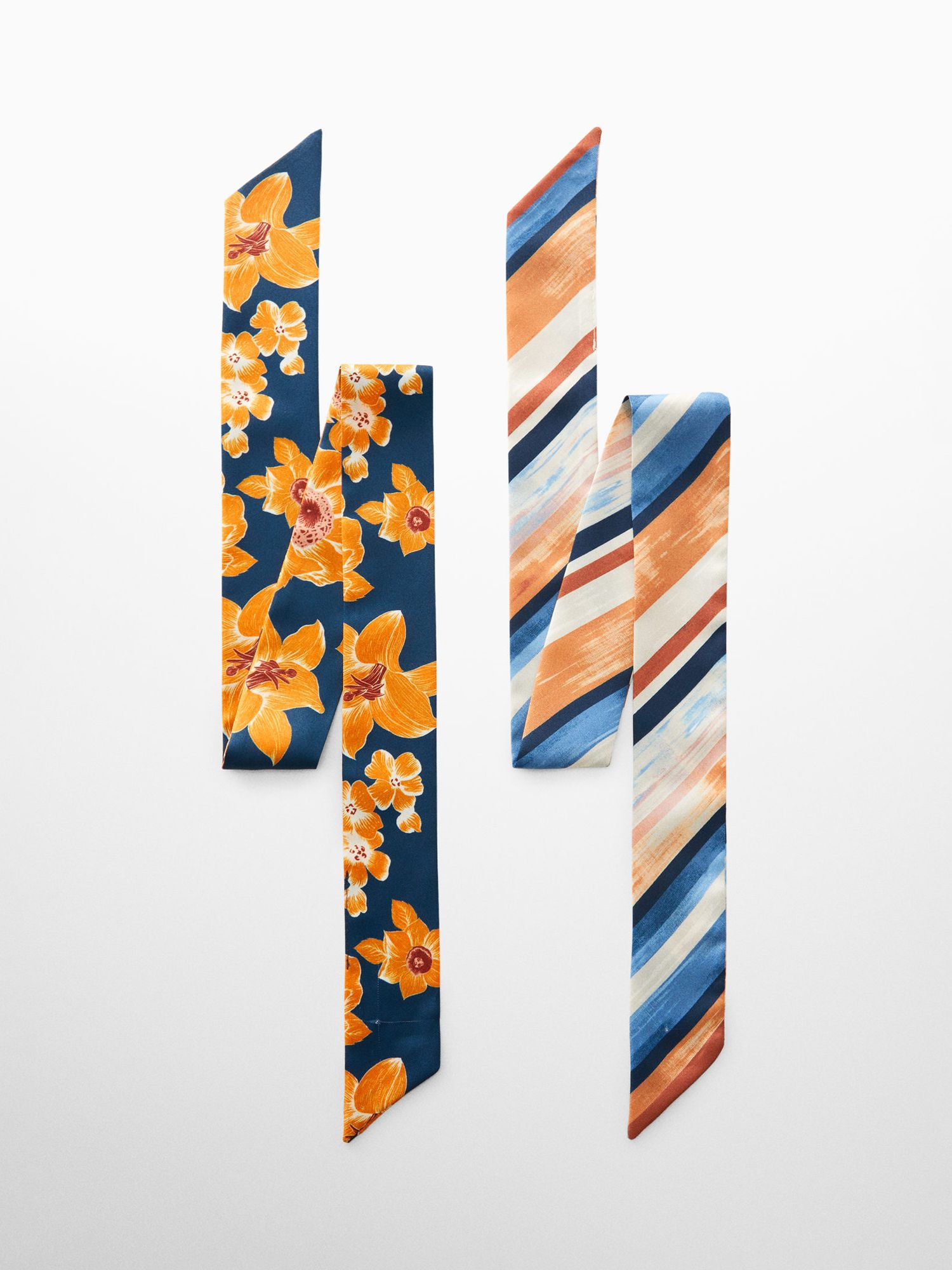 Mango Aitana Floral & Stripe Skinny Scarves, Pack of 2, Navy/Multi, One Size