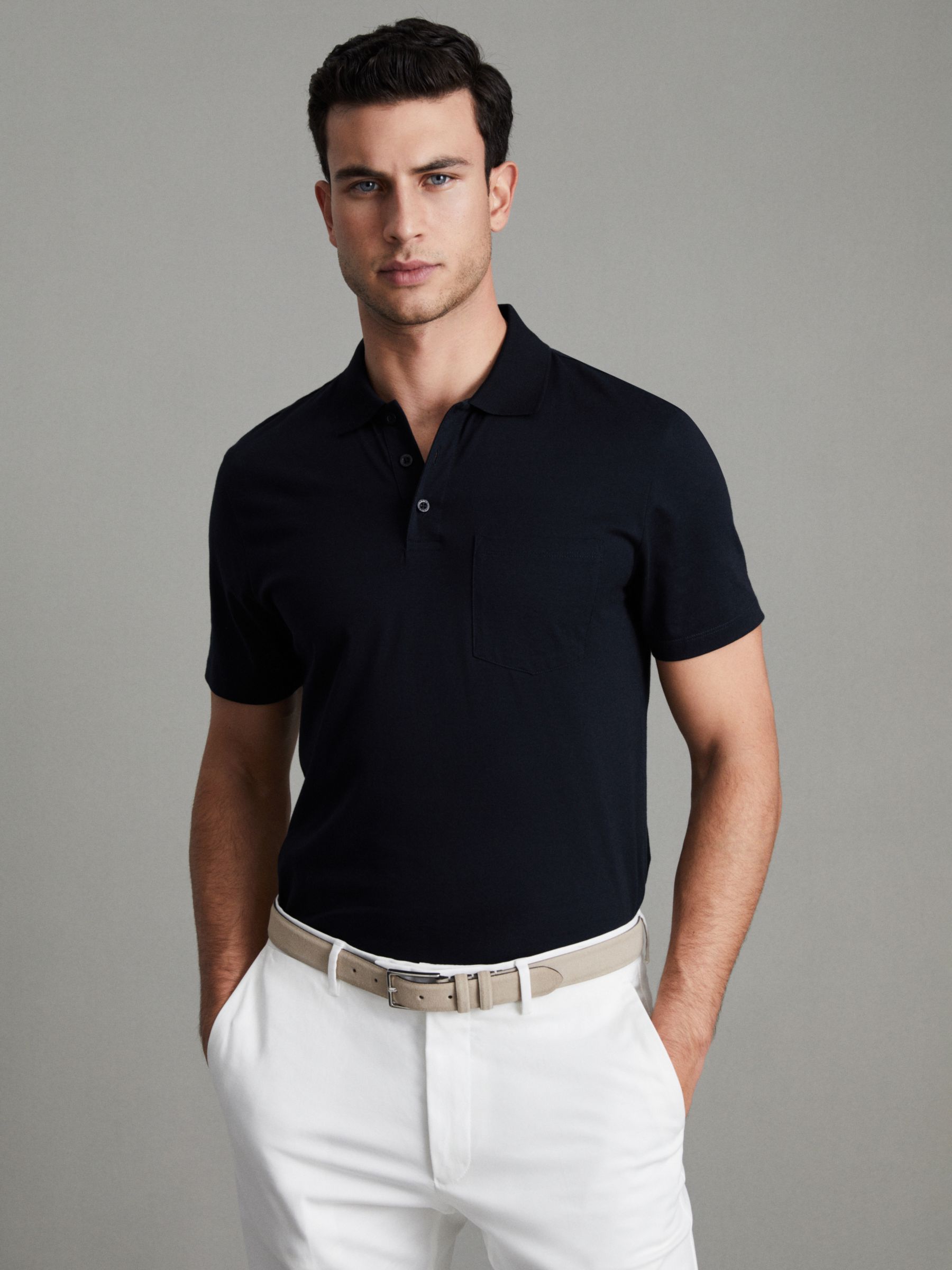 Reiss Austin Short Sleeve Cotton Polo Shirt, Navy, XS