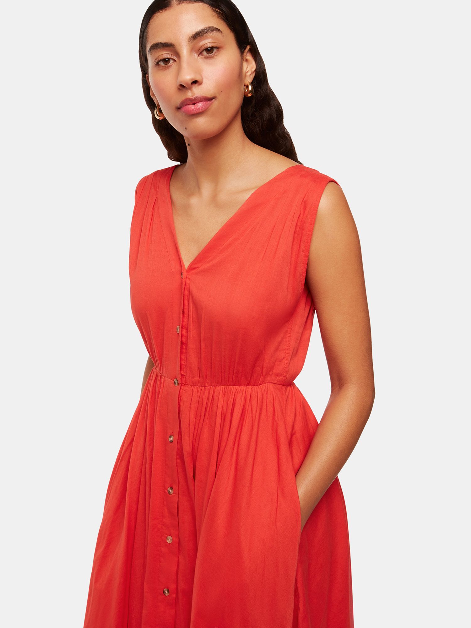 Whistles V-Neck Cotton Midi Dress, Red, 6