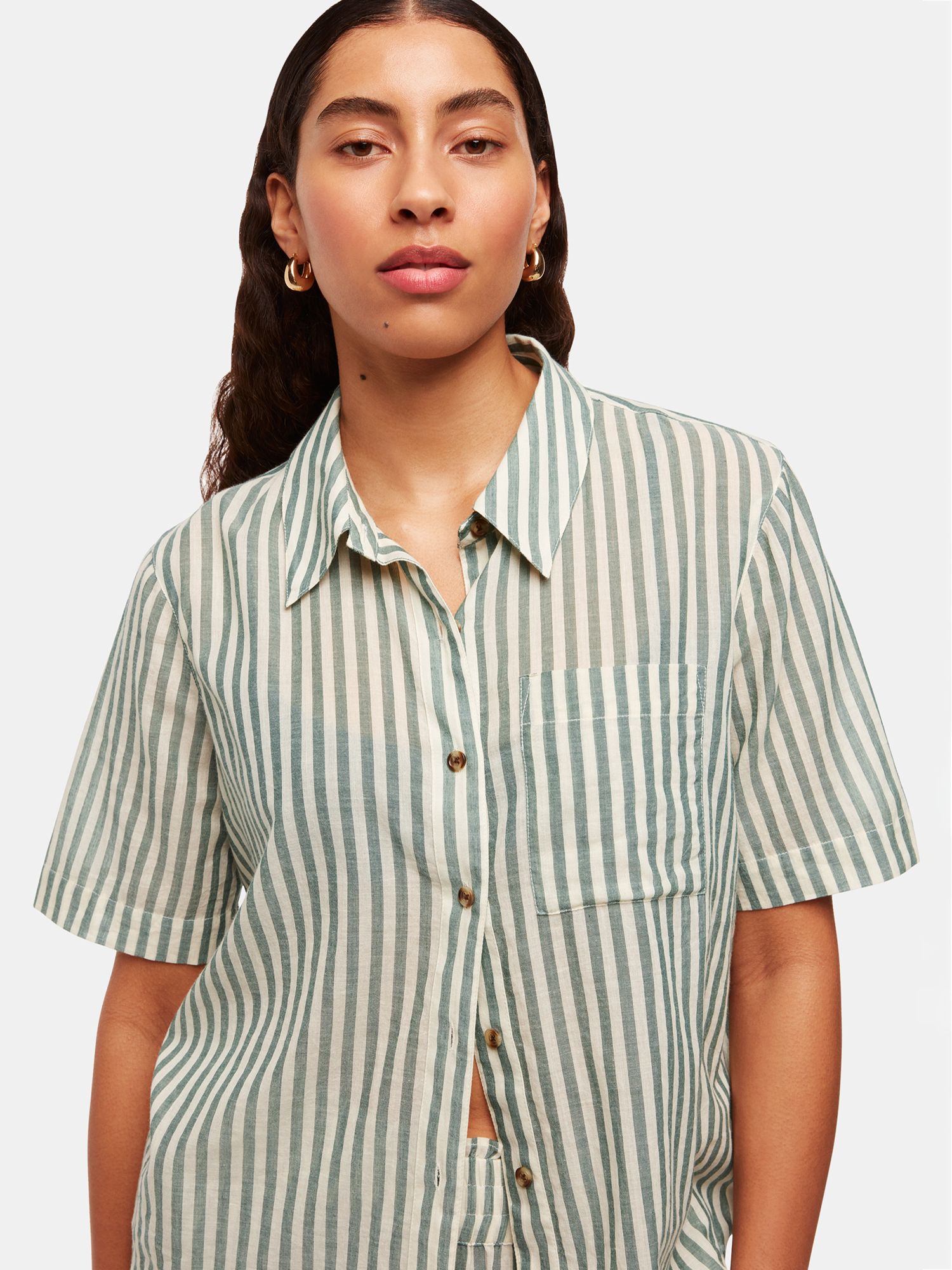 Whistles Striped Cotton Beach Shirt, Green/Multi, XS