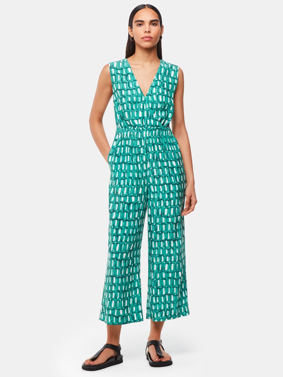 Whistles Petite Linked Smudge Lorna Jumpsuit, Green/Multi, 8