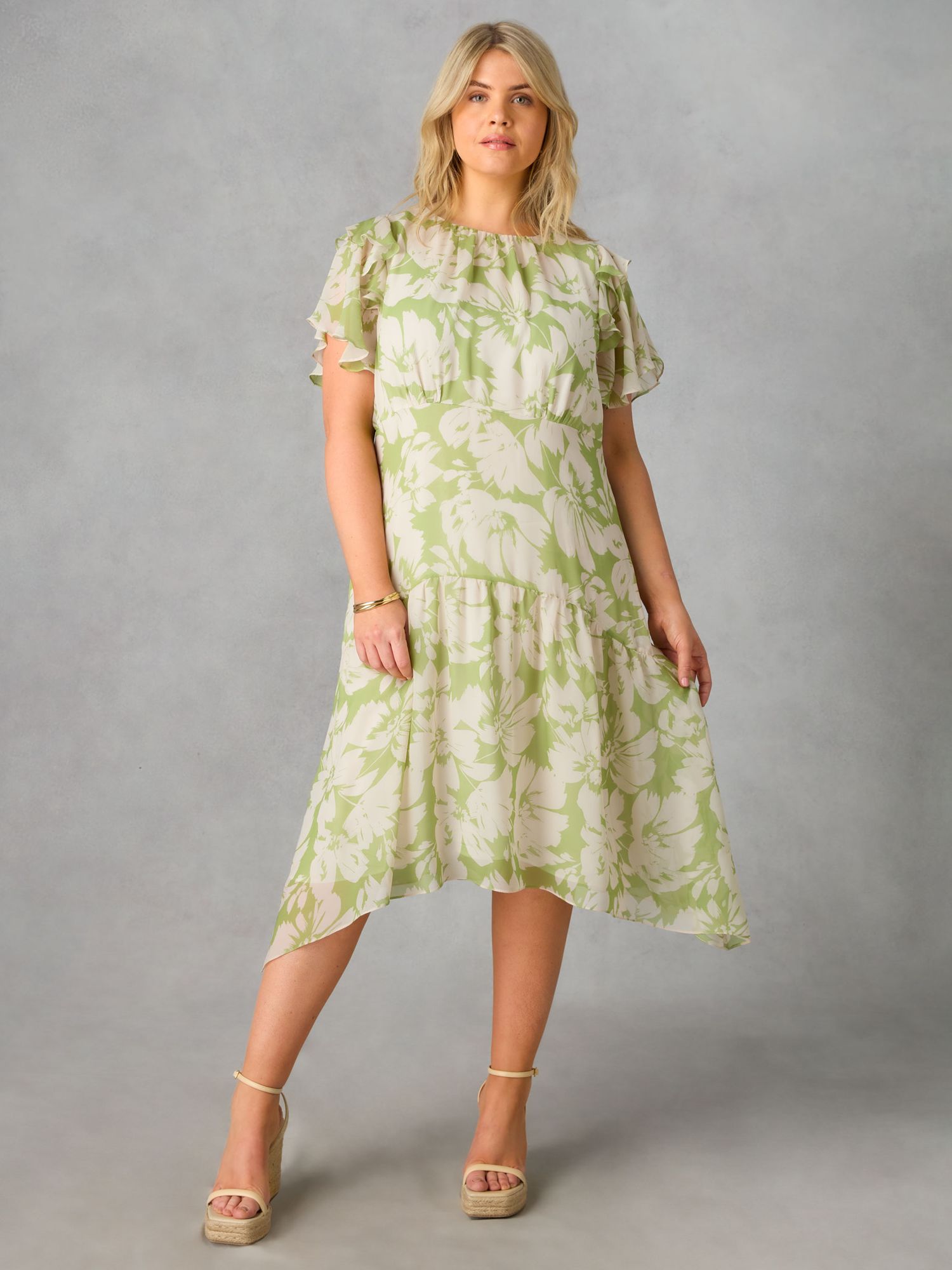 Live Unlimited Curve Floral Ruffle Sleeve Midaxi Dress, Green/Cream, 12