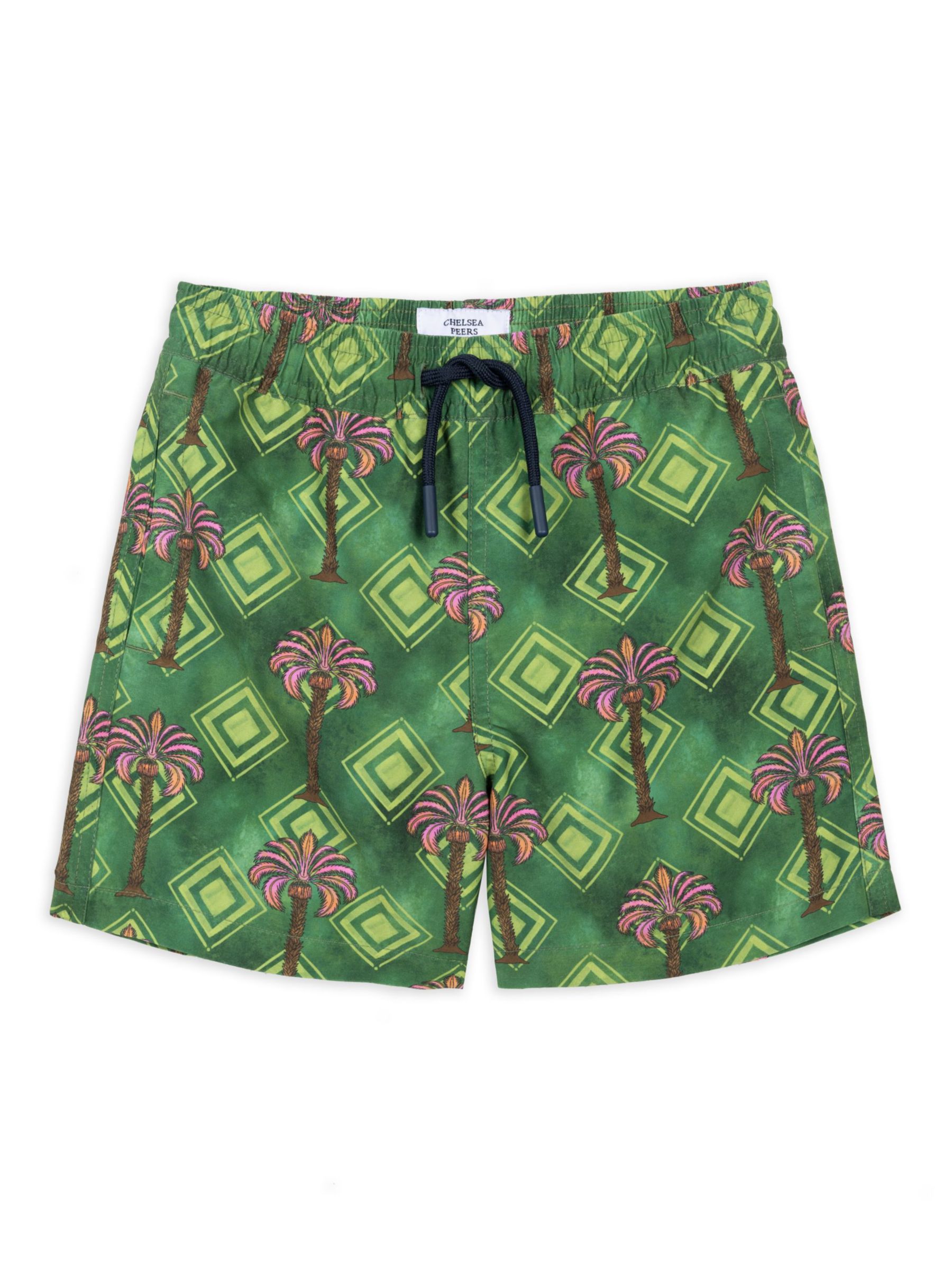 Chelsea Peers Kids' Geometric Palm Print Swim Shorts, Khaki/Multi, 1-2 years