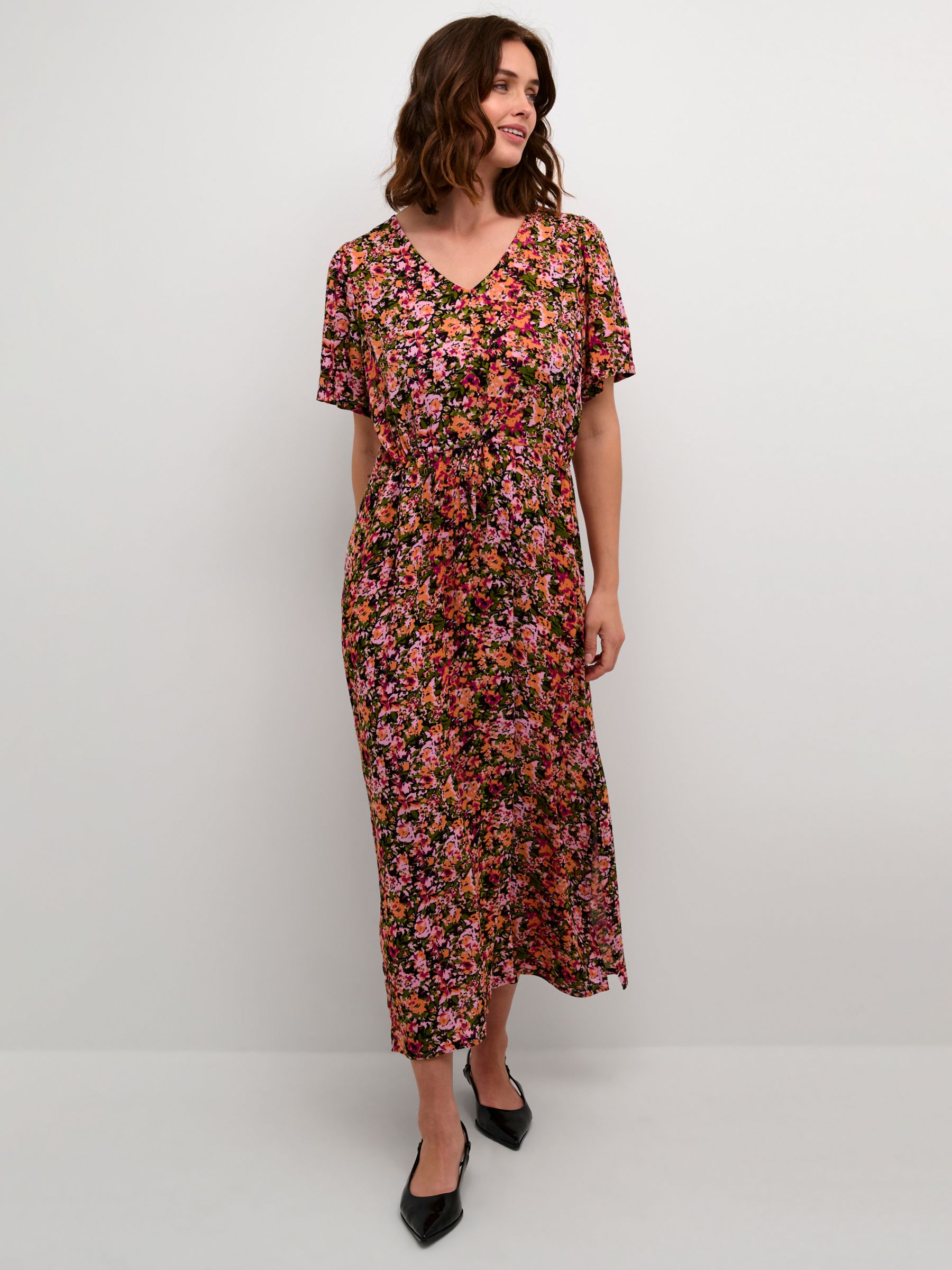 KAFFE Amber Short Sleeve V-Neck Maxi Dress, Melon/Pink