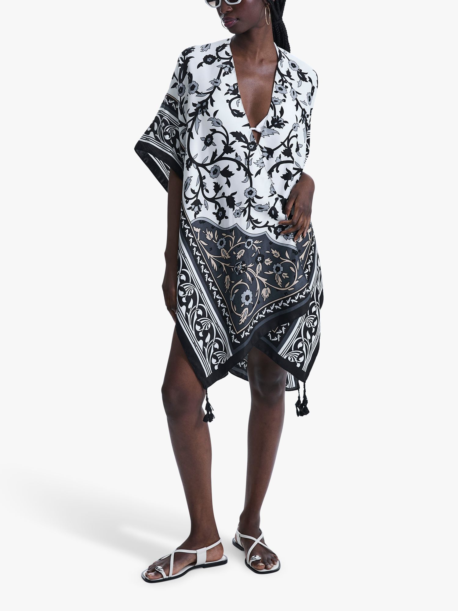 James Lakeland Antique Tile Floral Kaftan, Black/White at John Lewis ...