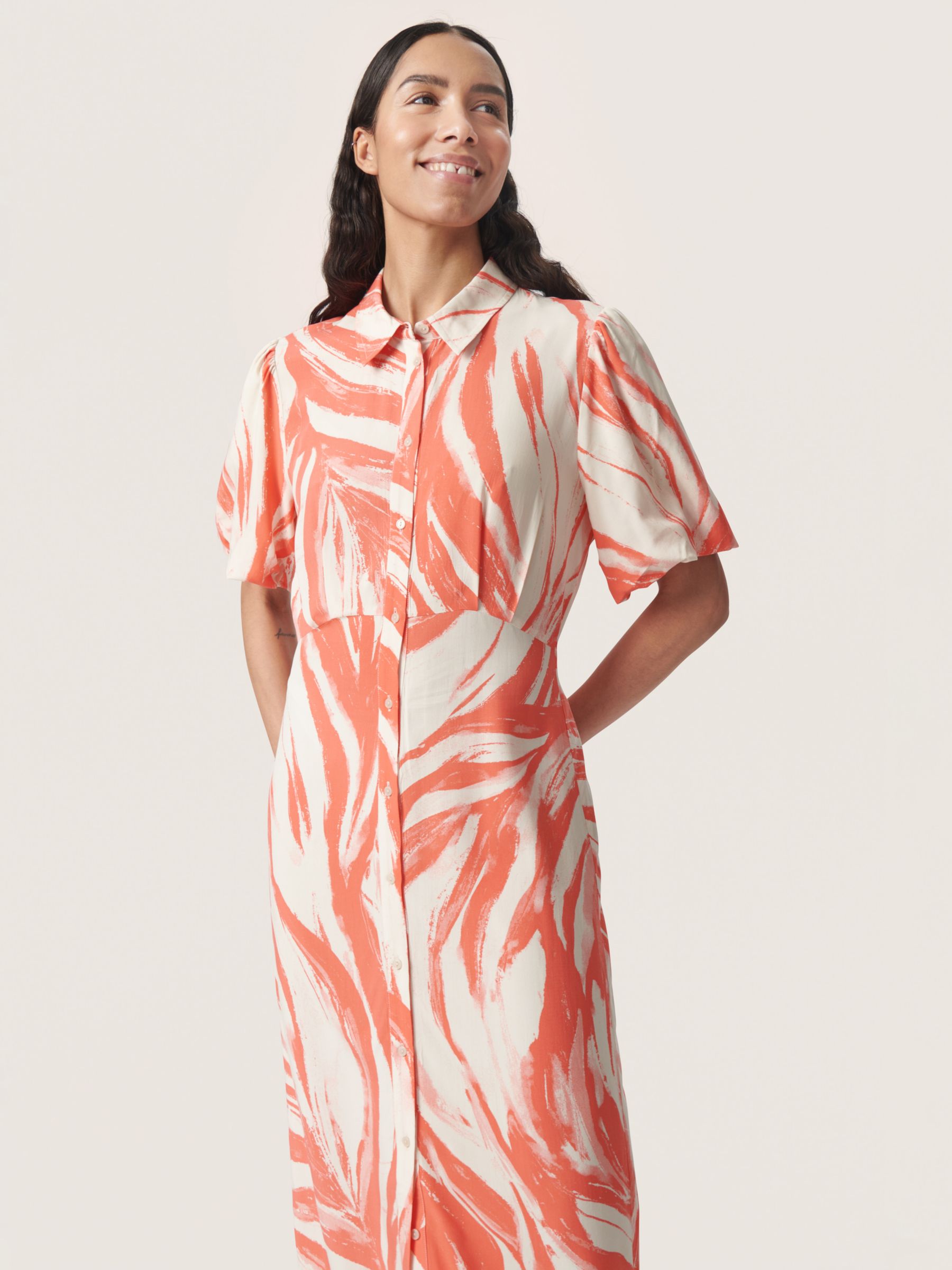 Soaked In Luxury Wynter Half Sleeve Shirt Midi Dress, Hot Coral Wave, XS