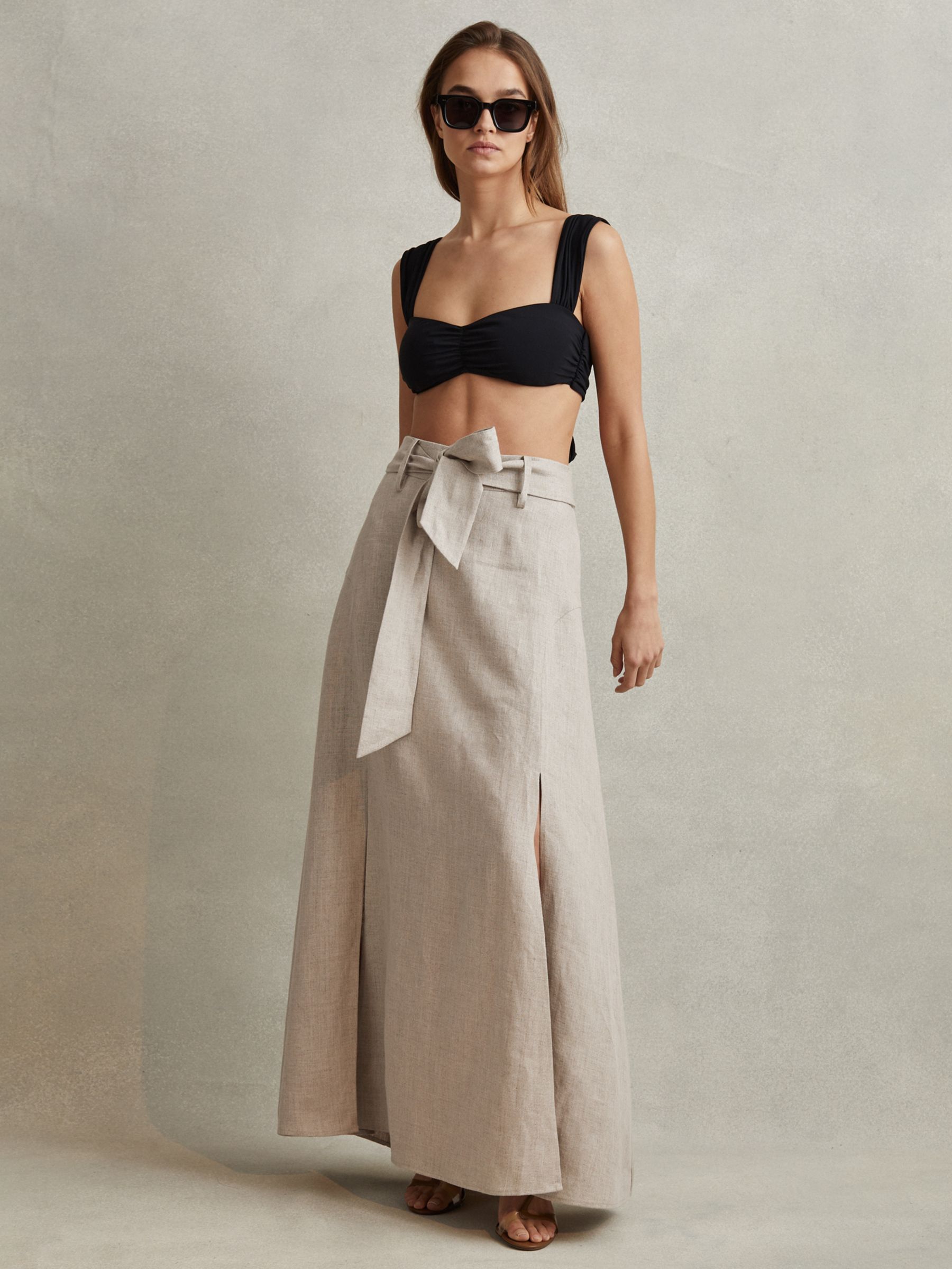 Reiss Abigail Belted Linen Maxi Skirt, Neutral, 6