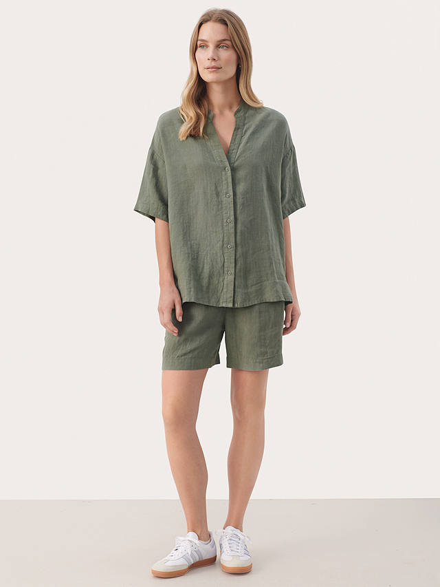 Part Two Ghita Linen Short Sleeves V-Notch Neck Shirt, Agave Green