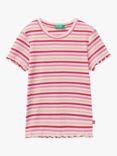 Benetton Kids' Stripe Rib Short Sleeve T-Shirt, Pink/Multi
