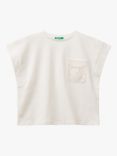 Benetton Kids' Floral Macrame Pocket Detail T-Shirt, Cream