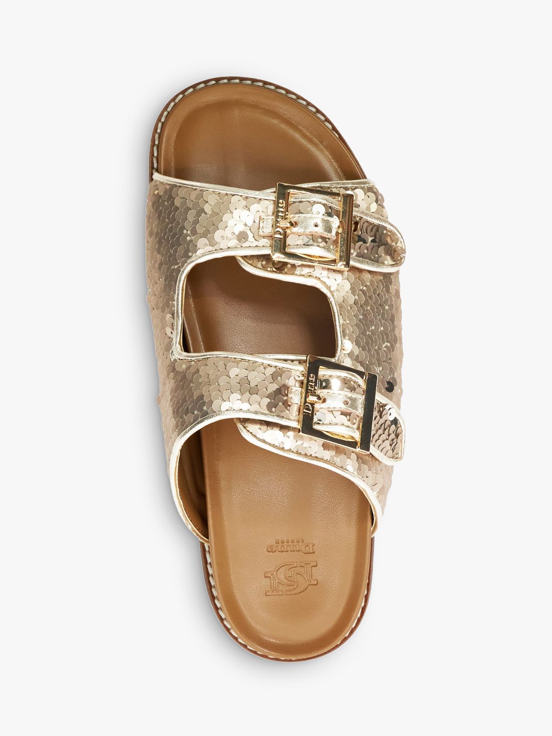Dune Lequin  Double Buckle Footbed Sandals, Gold, 3