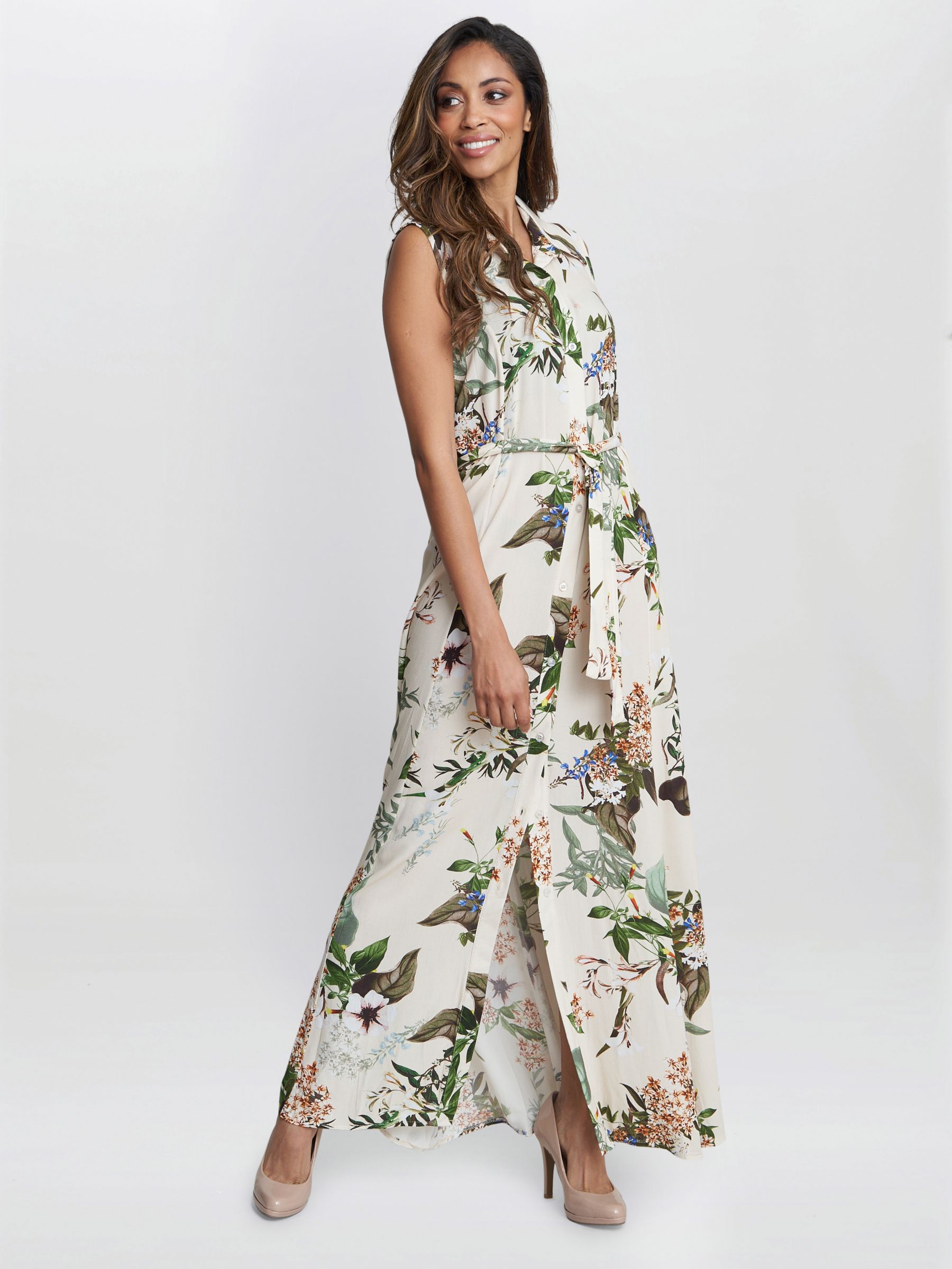 Gina Bacconi Ariel Sleeveless Floral Maxi Shirt Dress, White/Multi, S