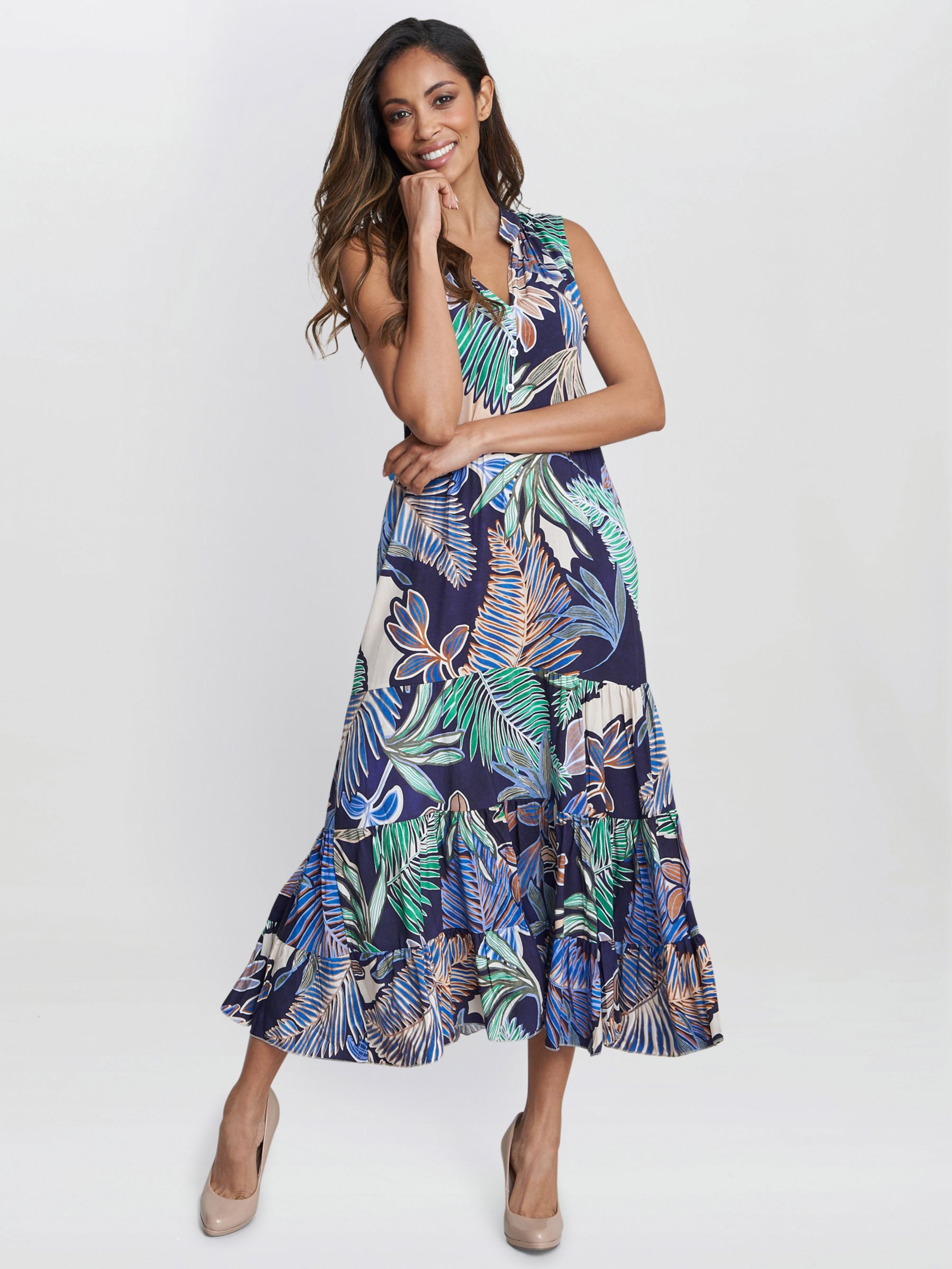 Gina Bacconi Lolita Leaf Print Sleeveless Midi Dress, Navy/Multi, S