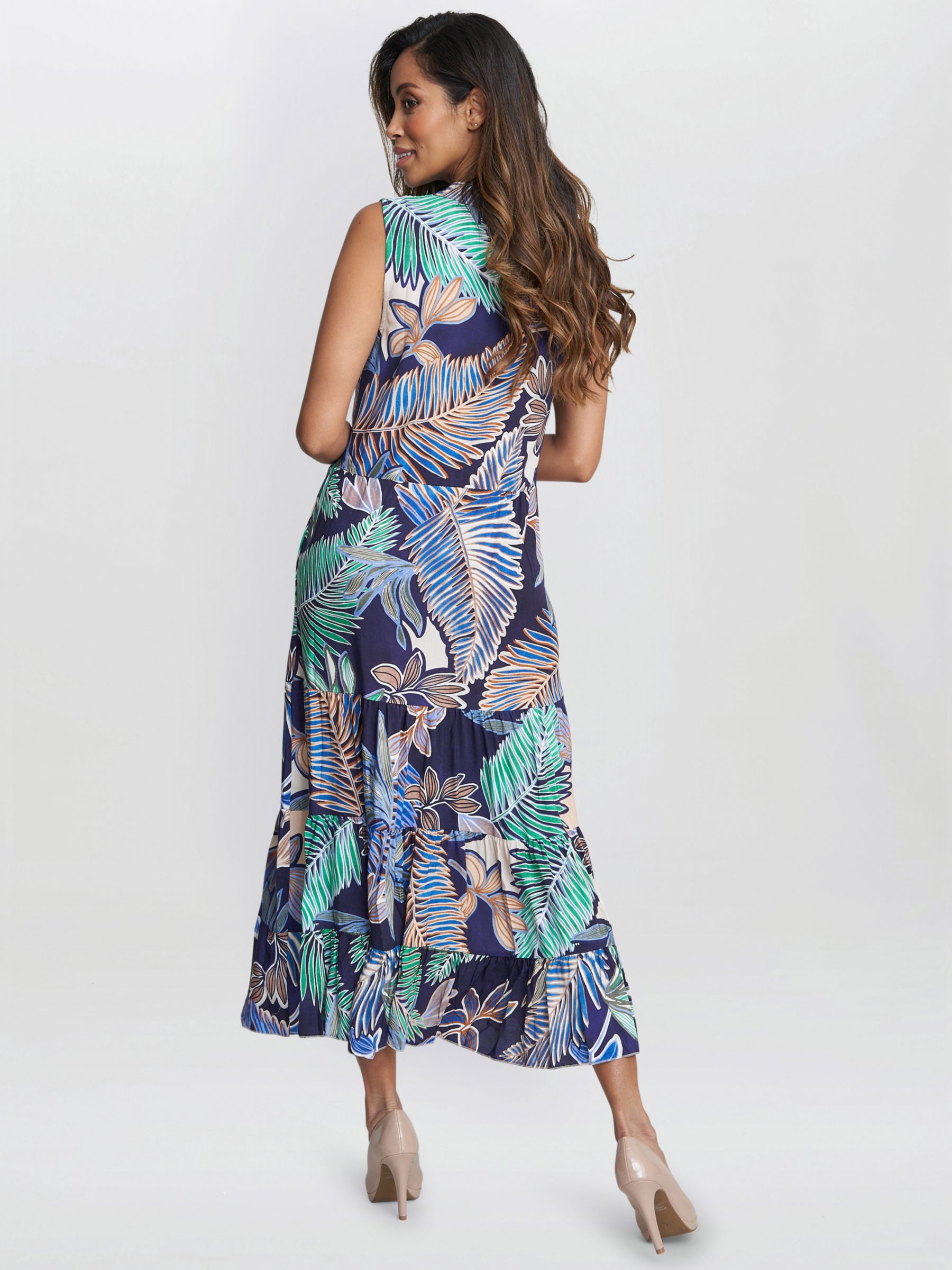 Gina Bacconi Lolita Leaf Print Sleeveless Midi Dress, Navy/Multi, S