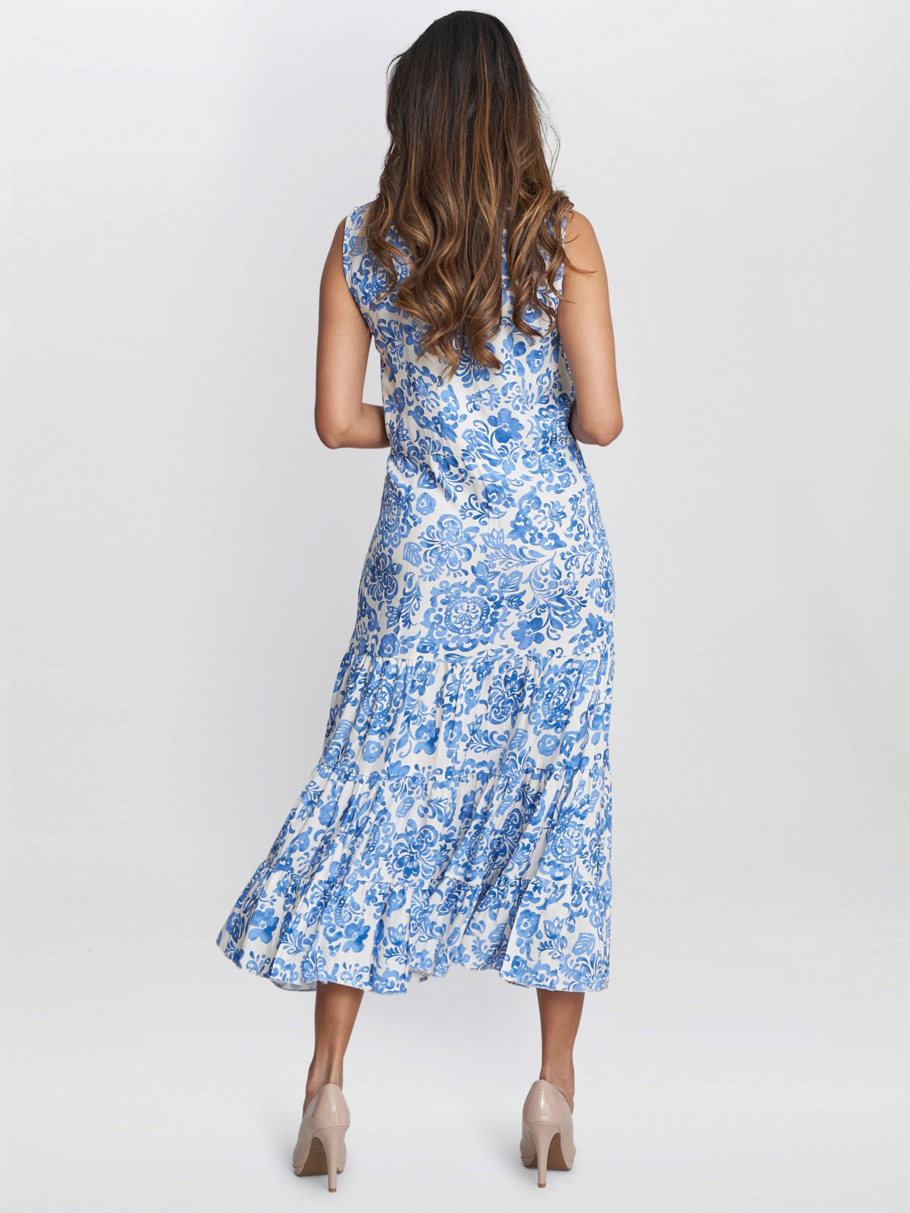 Gina Bacconi Lolita Floral Print Sleeveless Midi Dress, Blue/White, S