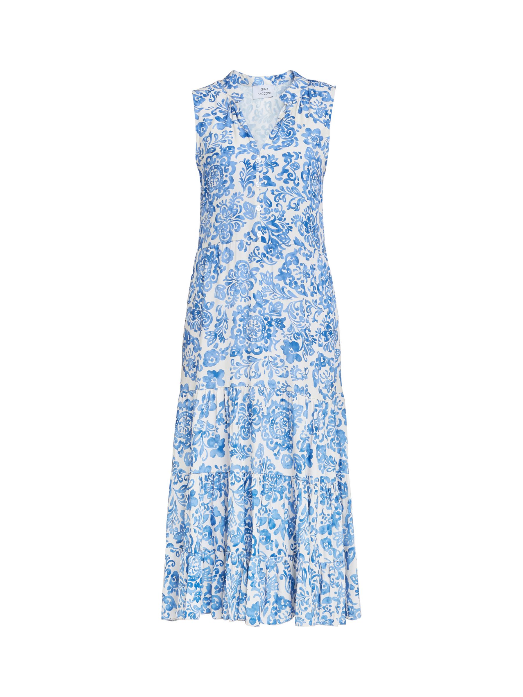 Gina Bacconi Lolita Floral Print Sleeveless Midi Dress, Blue/White, S