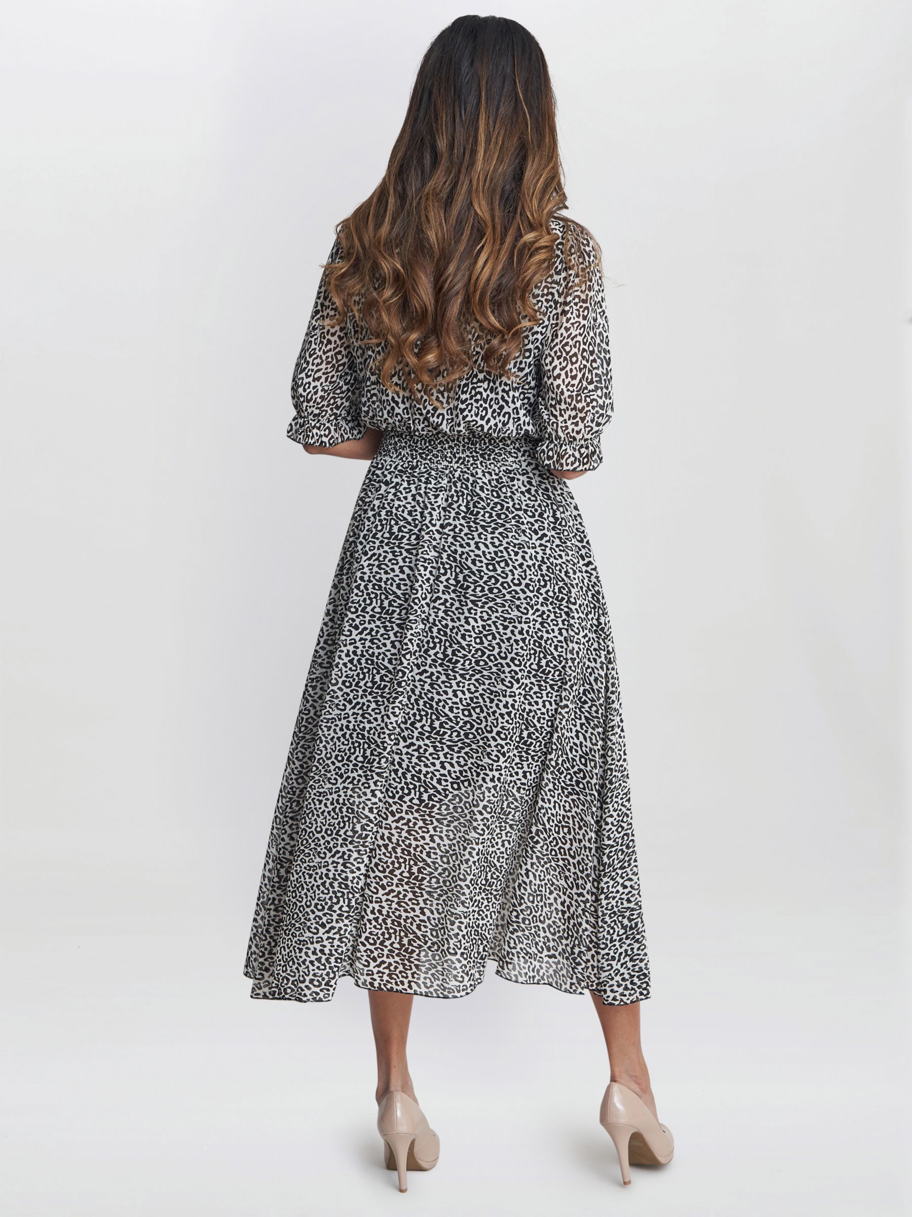 Gina Bacconi Mimi Godet Detail Tie Neck Midi Leopard Print Dress, Multi, S