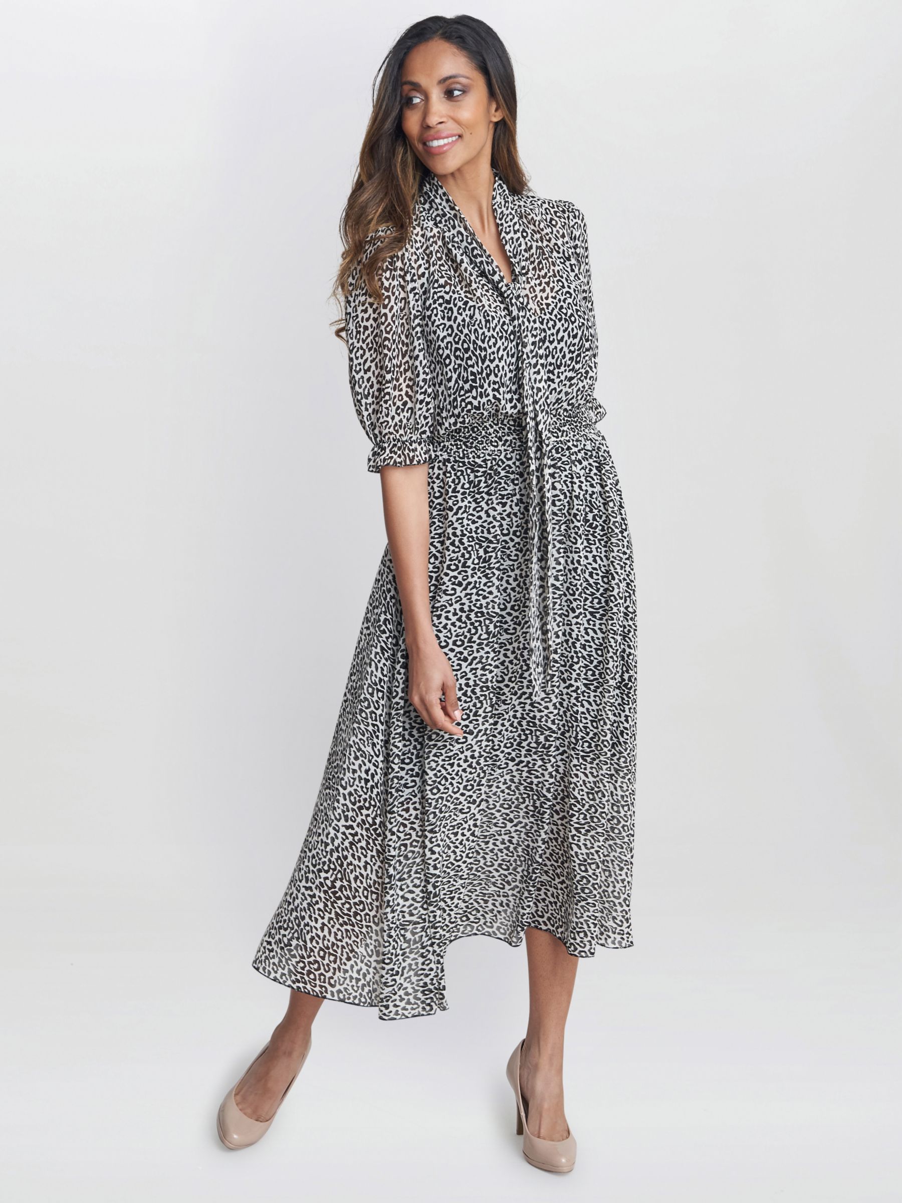 Gina Bacconi Mimi Godet Detail Tie Neck Midi Leopard Print Dress, Multi, S