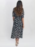 Gina Bacconi Mimi Godet Detail Tie Neck Midi Floral Dress, Black/Multi