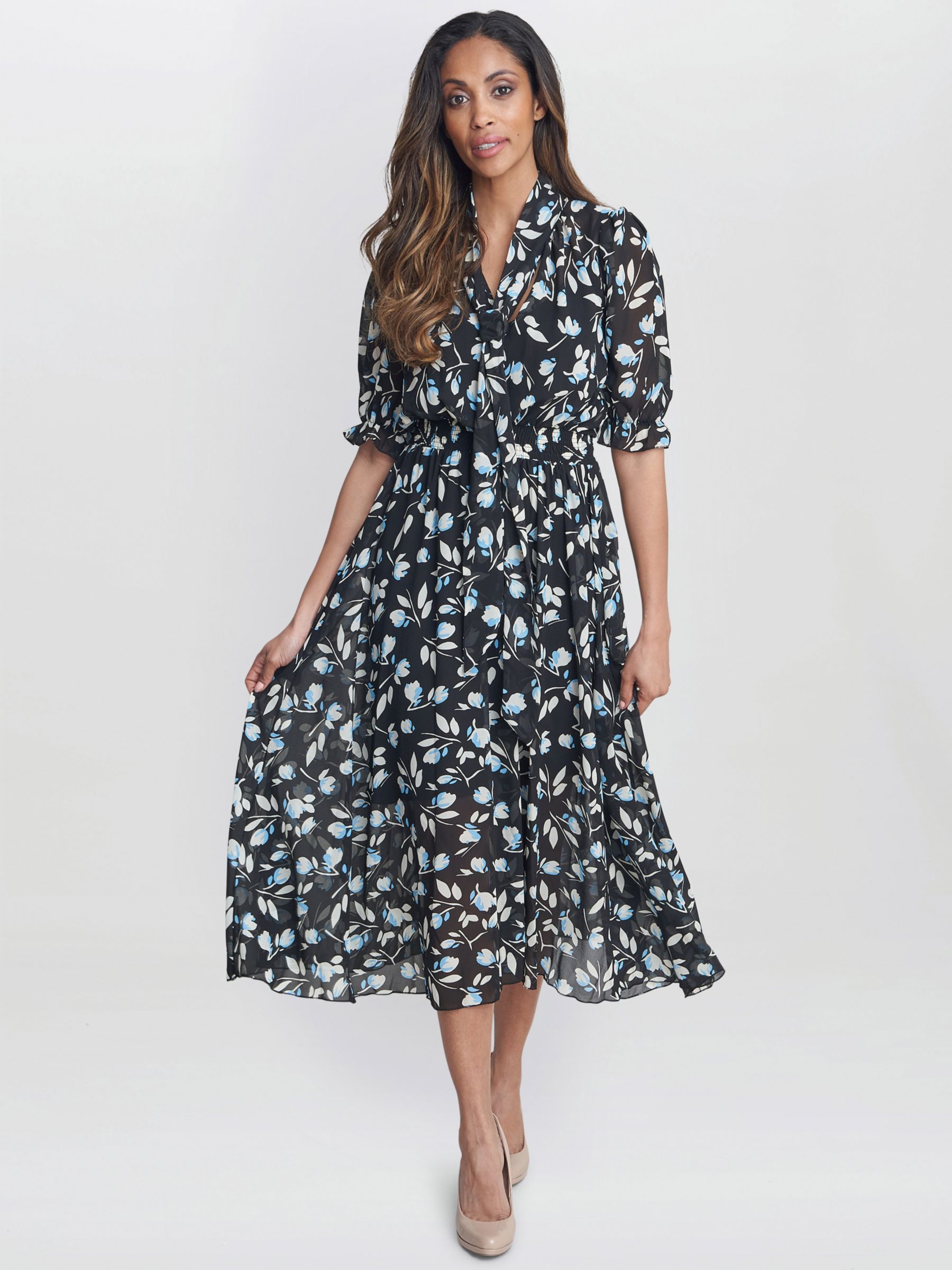 Gina Bacconi Mimi Godet Detail Tie Neck Midi Floral Dress, Black/Multi, S