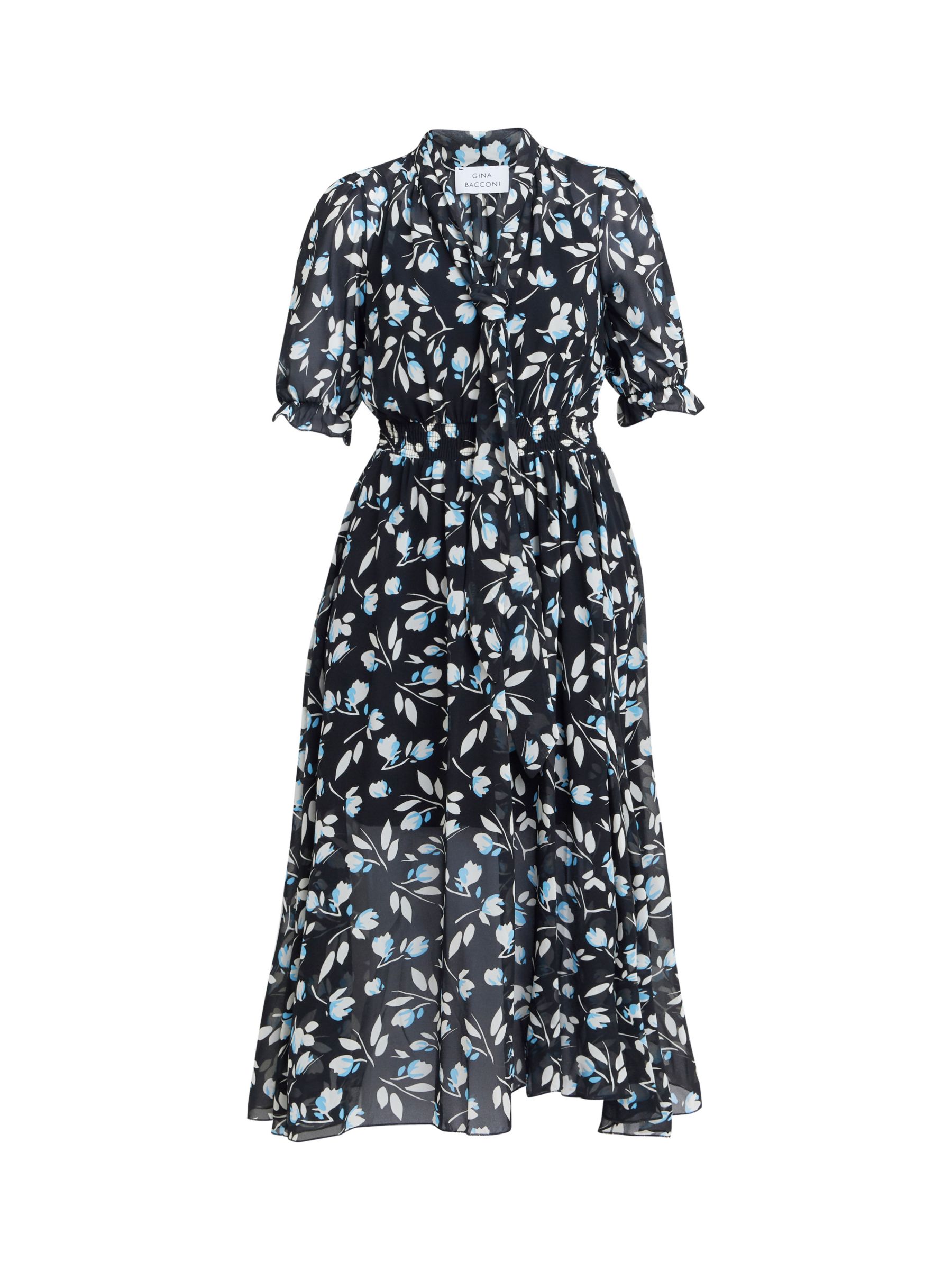 Gina Bacconi Mimi Godet Detail Tie Neck Midi Floral Dress, Black/Multi, S
