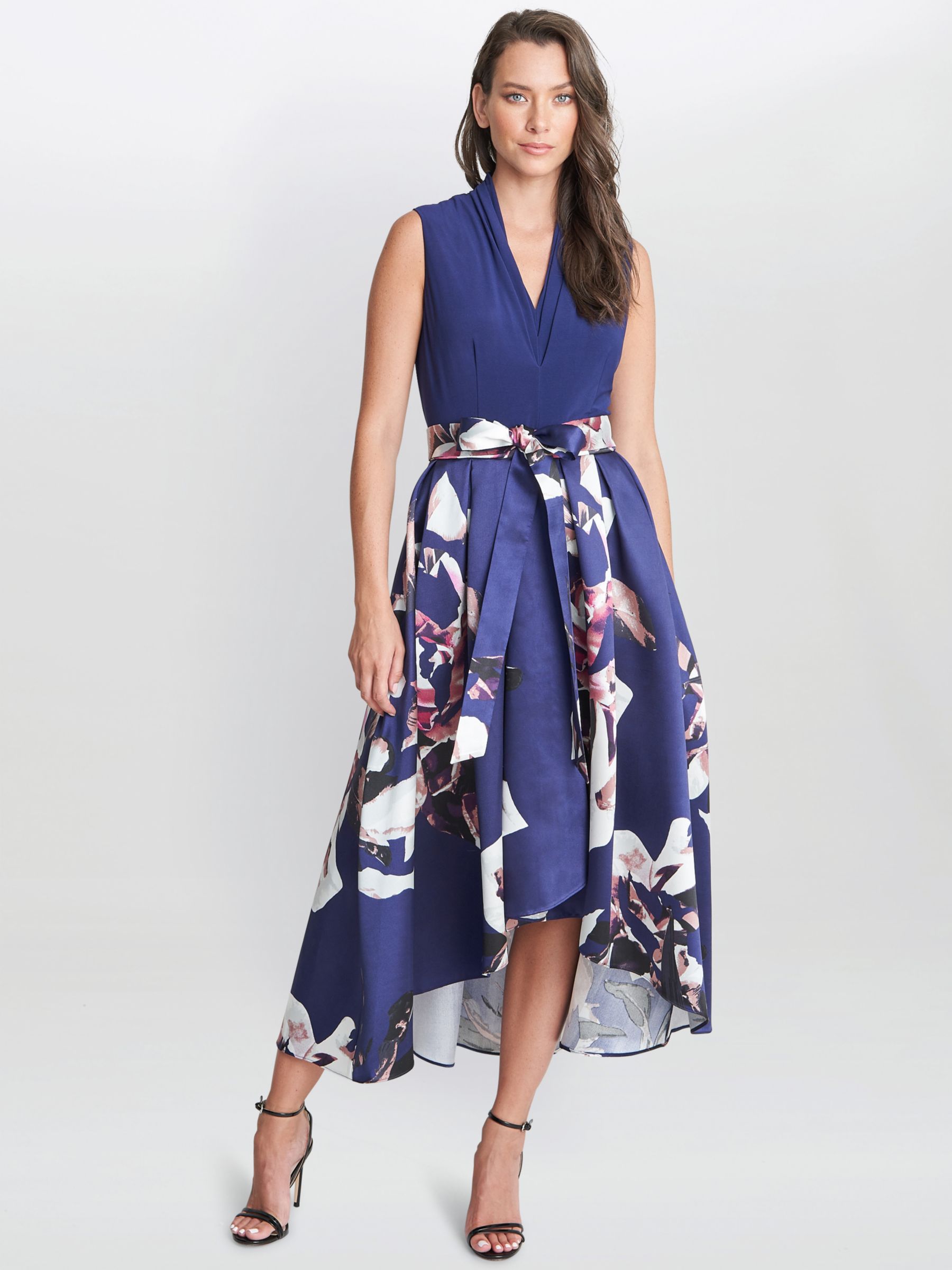 Gina Bacconi Megan Sleeveless Hi-Lo Midi Floral Dress, Navy, 10