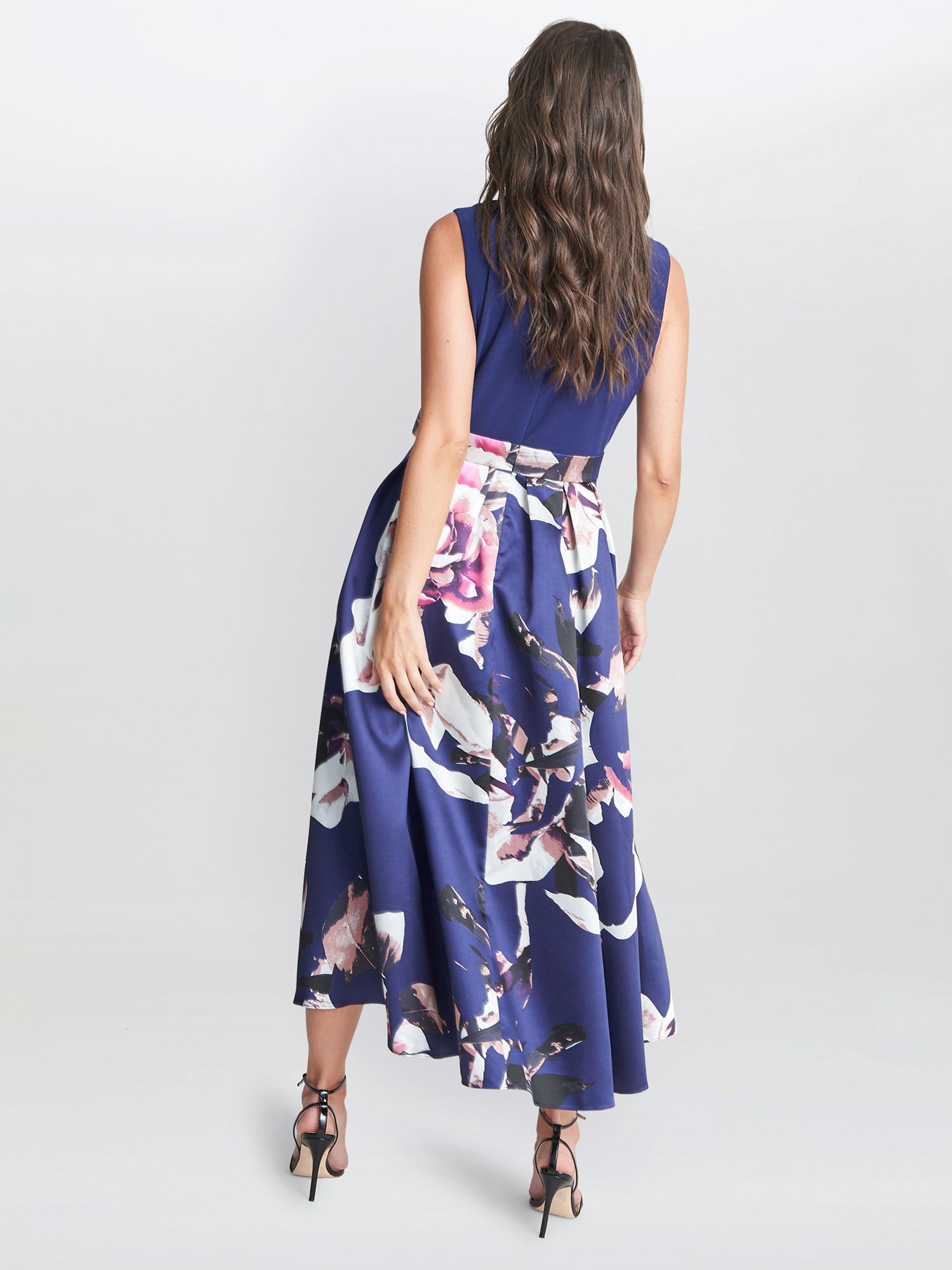 Gina Bacconi Megan Sleeveless Hi-Lo Midi Floral Dress, Navy, 10