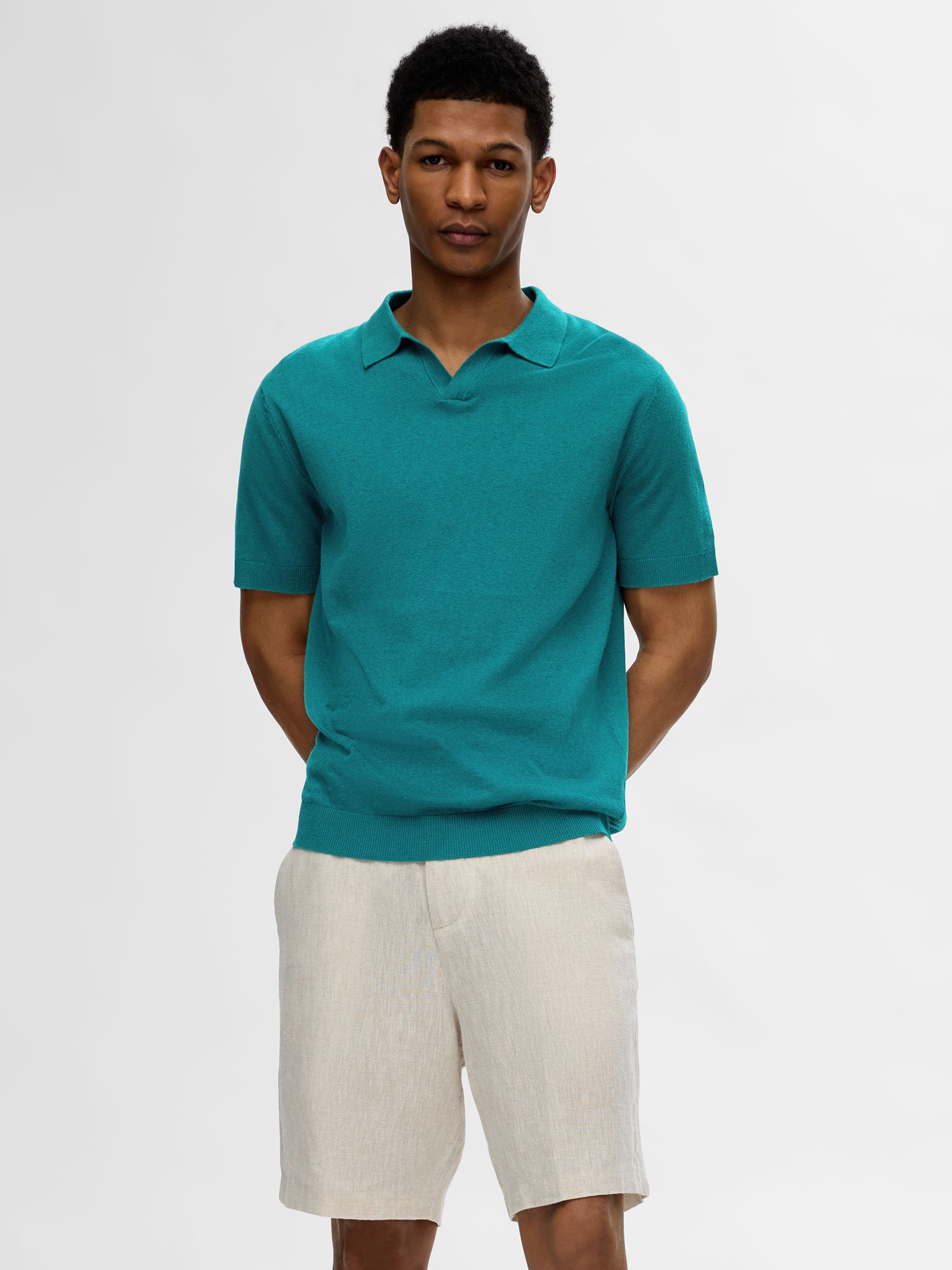 SELECTED HOMME Short Sleeve Linen Polo Shirt, Blue, S