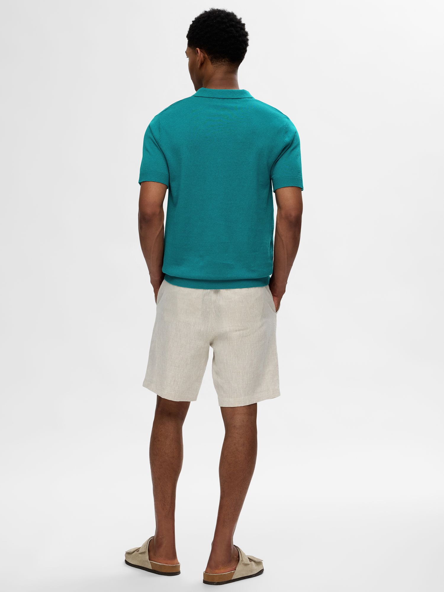 SELECTED HOMME Short Sleeve Linen Polo Shirt, Blue, S