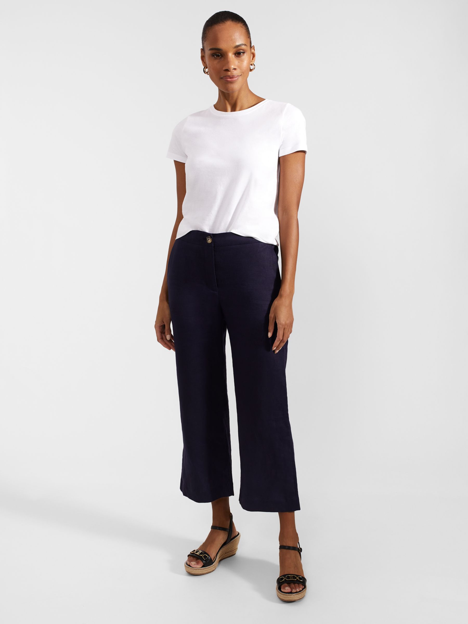 Hobbs Lillie Cropped Linen Kick Flare Trousers, True Navy, 10