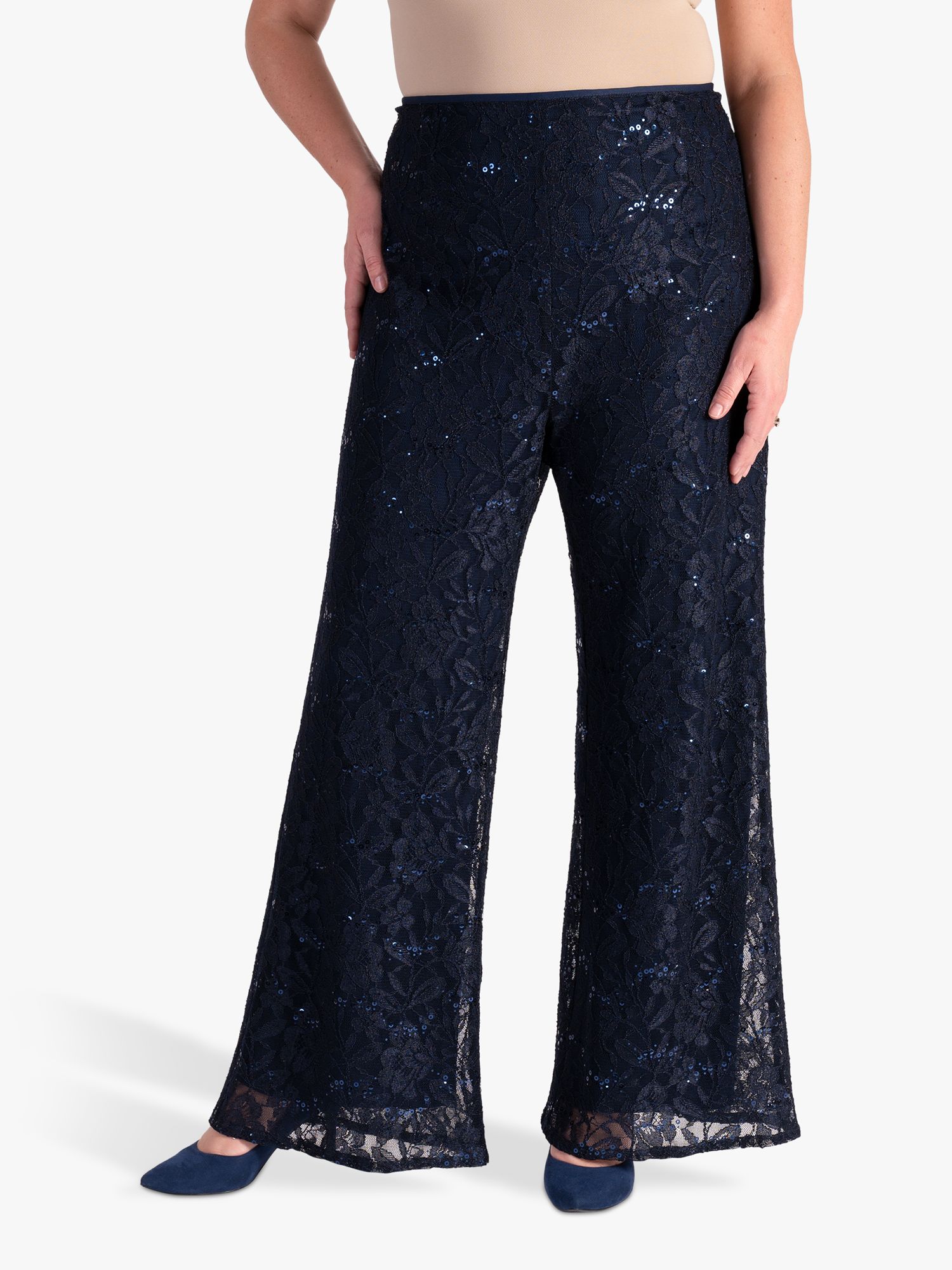 chesca Sequin Lace Wide Leg Trousers, Dark Navy, 14