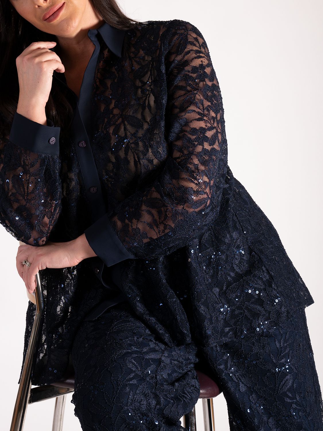 Buy chesca Sequin Lace Wide Leg Trousers, Dark Navy Online at johnlewis.com